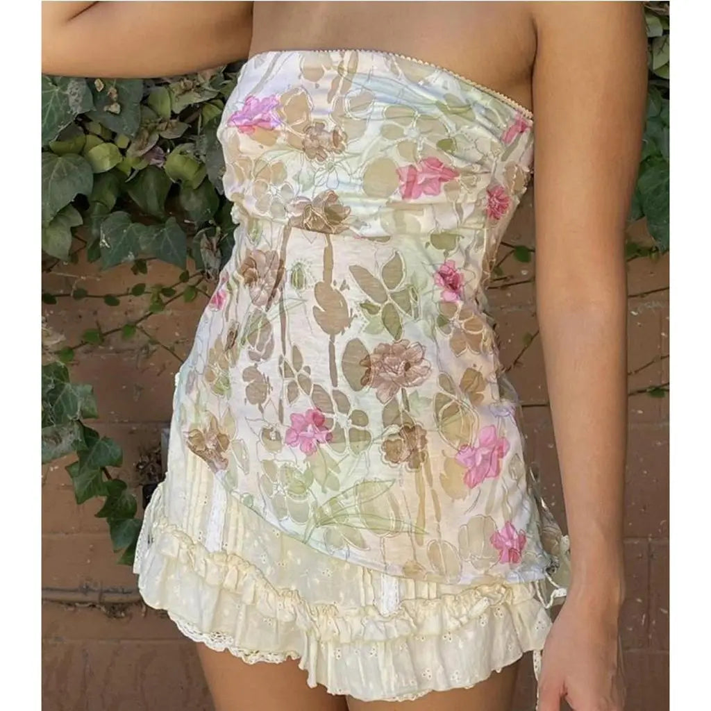 Strapless Flower Print Crop Top