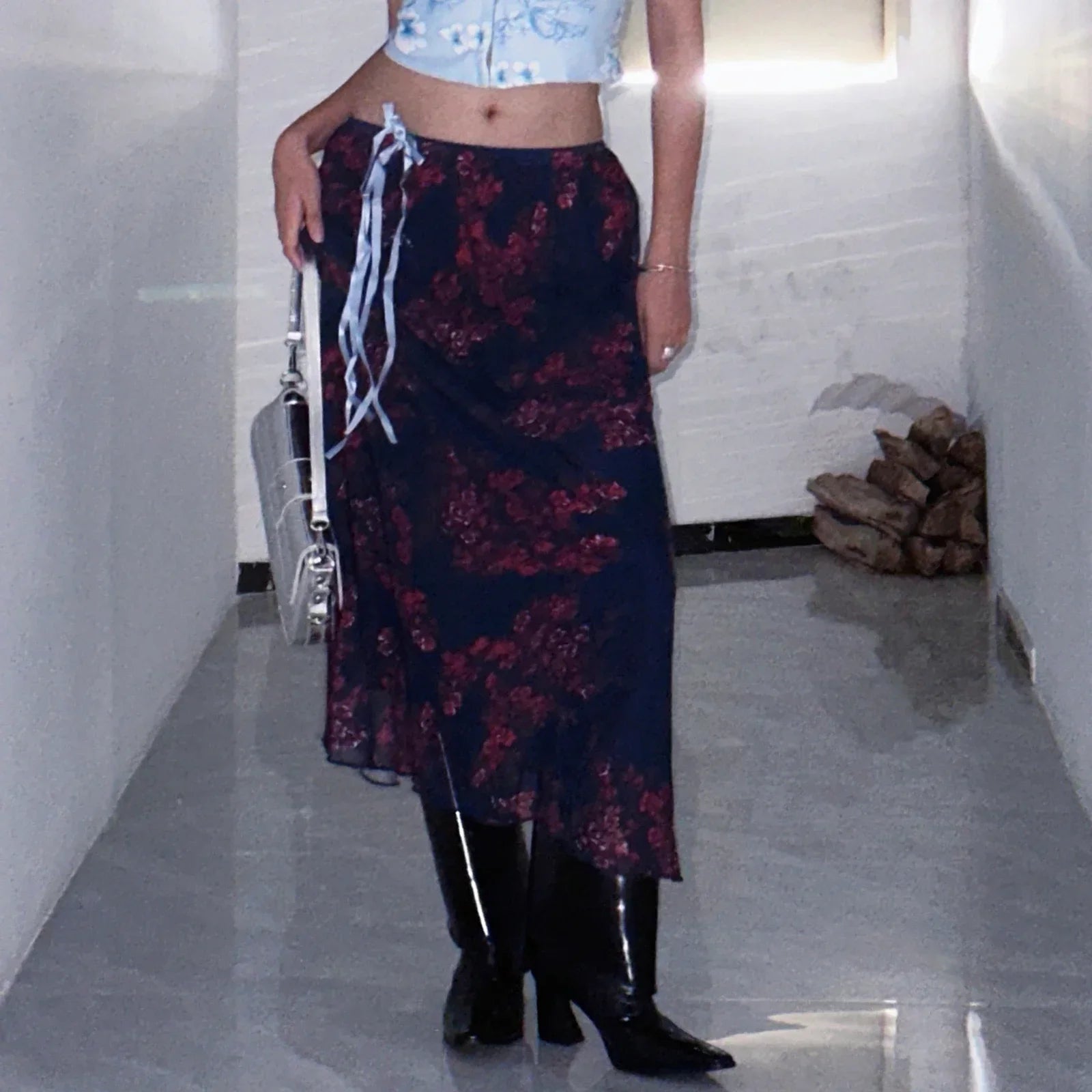 Y2K Retro Floral Printed High Waist Ruffled Women's Long Skirt