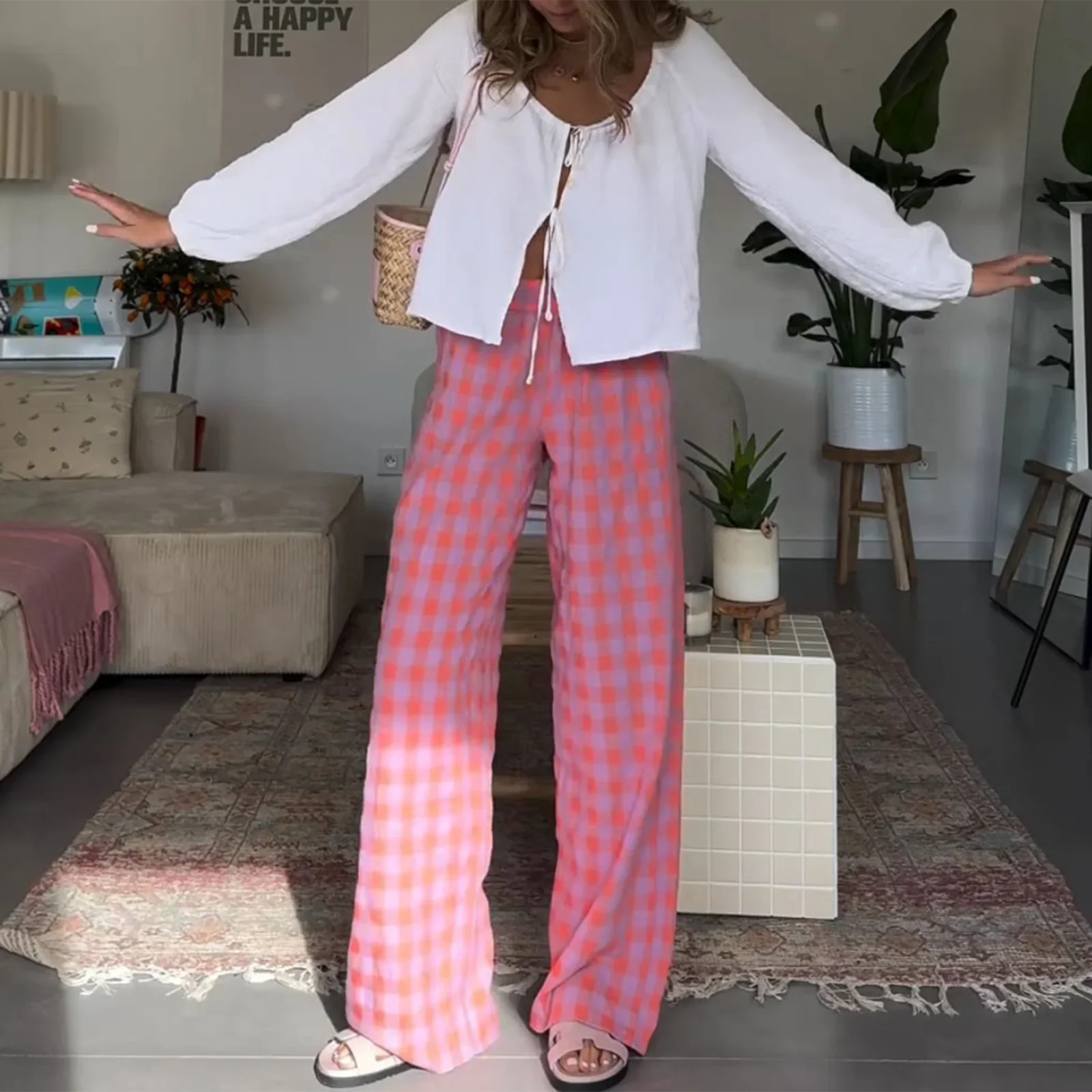 Vintage Plaid High Waist Loose Casual Aesthetic Pant