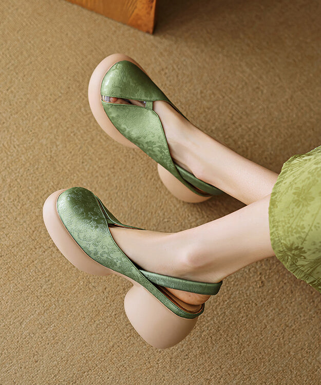 Comfy Hollow Leather Cowhide Chunky Out Splicing Green Sandals