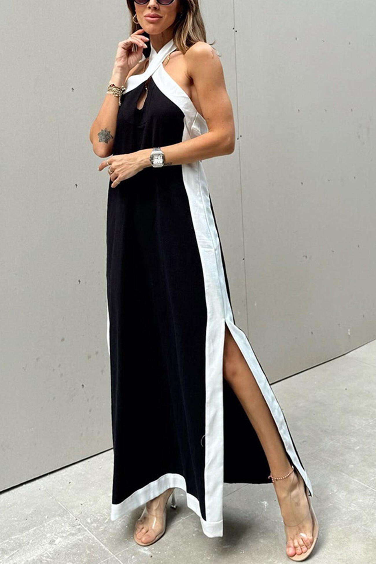 Contrast Cross Halter Neck Slit Dress - Fashionpara