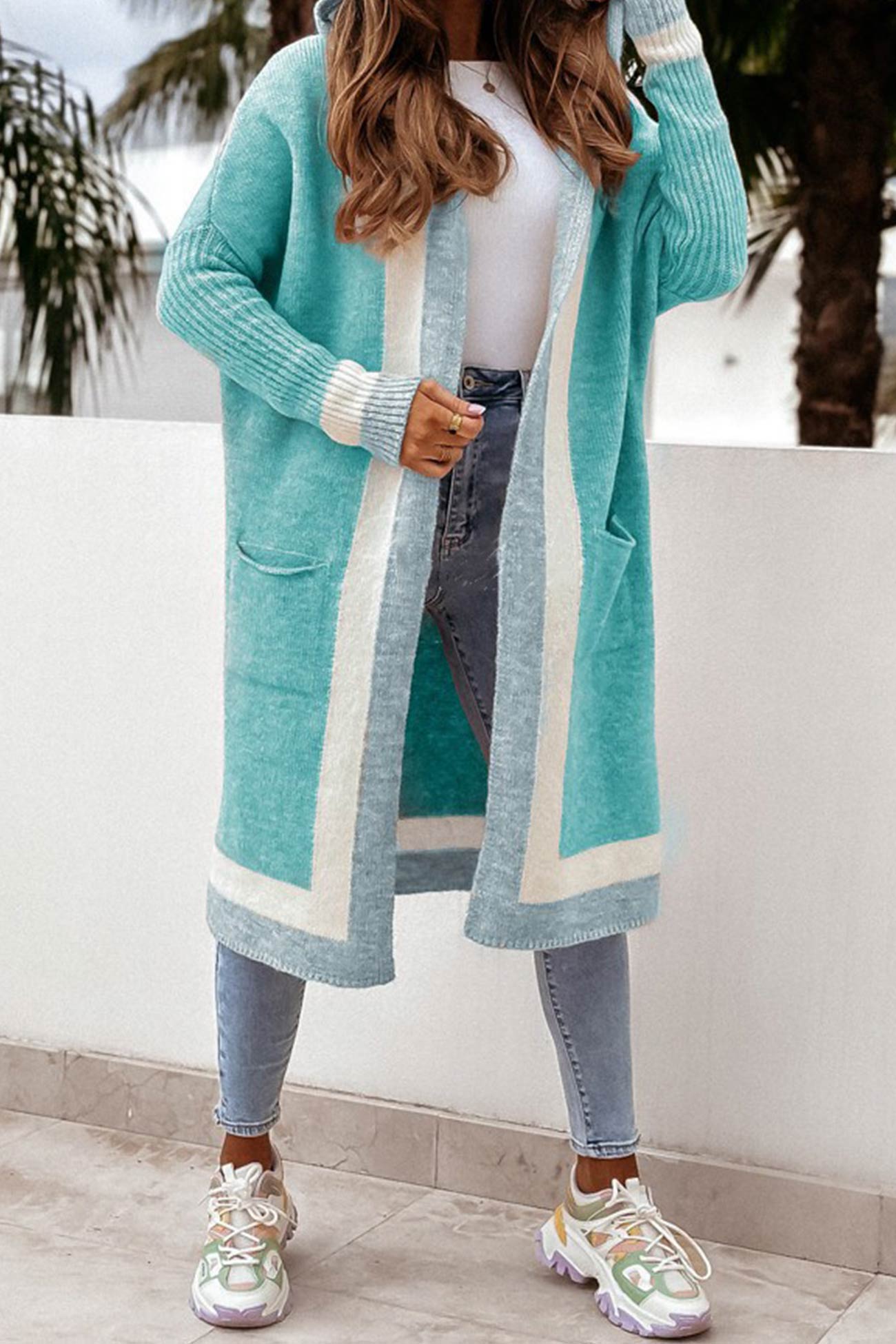 Contrast Hoodie Open Front Long Cardigan - Fashionpara
