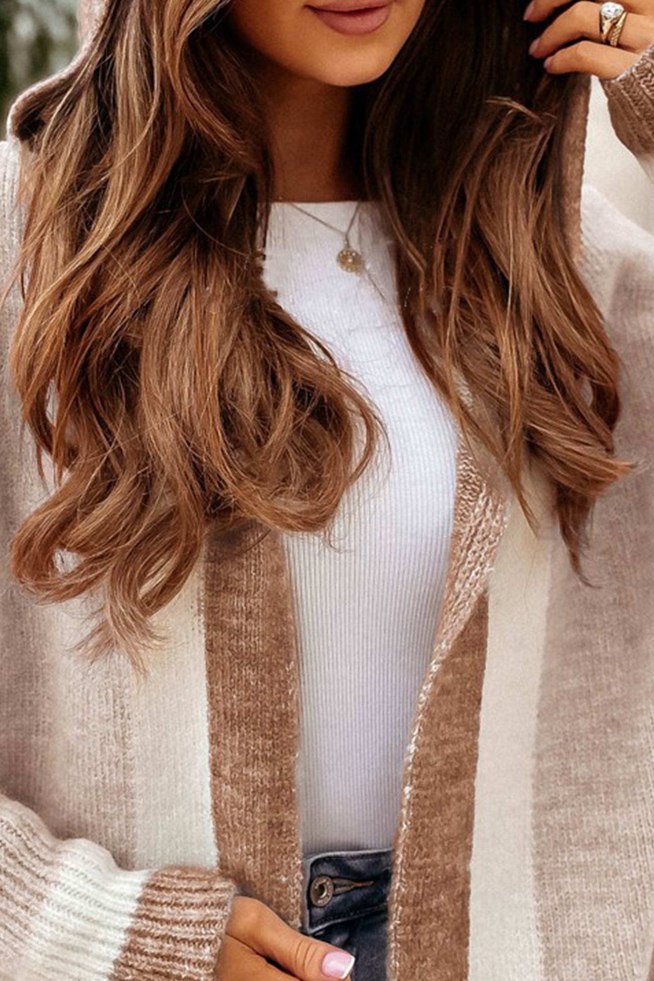 Contrast Hoodie Open Front Long Cardigan - Fashionpara