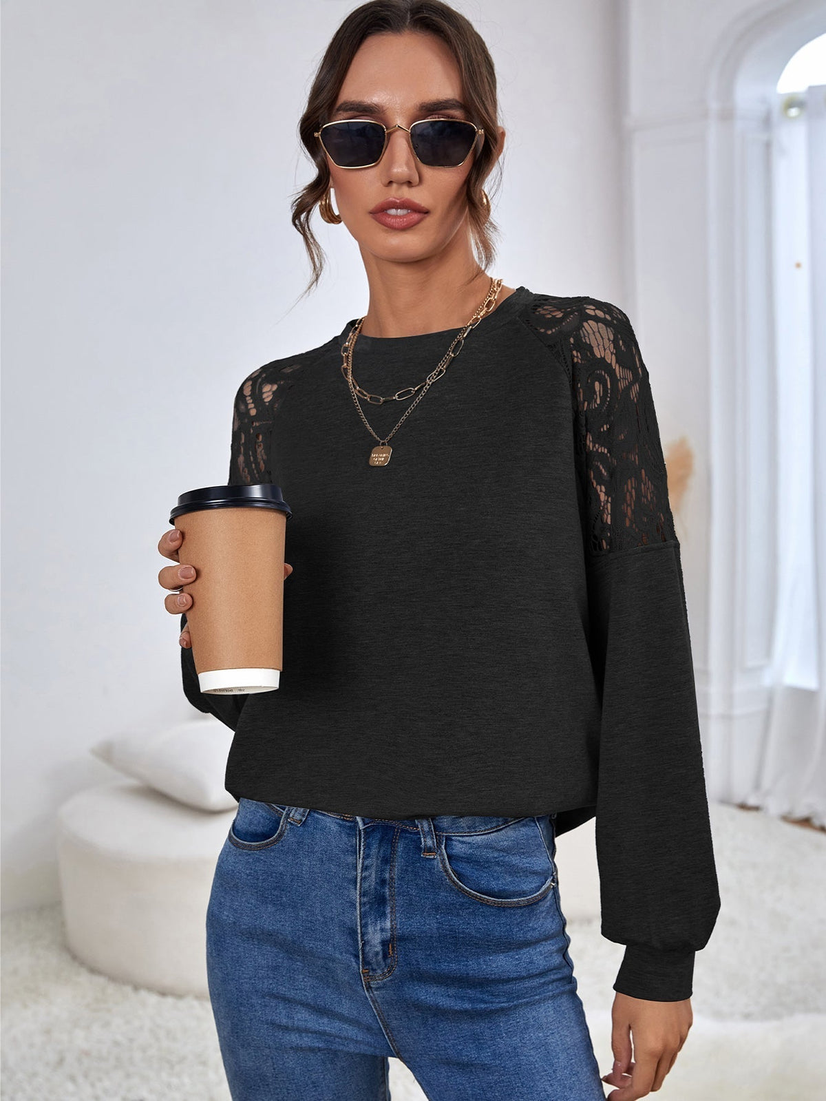 KittenAlarm - Contrast Lace Leg-of-mutton Sleeve Top