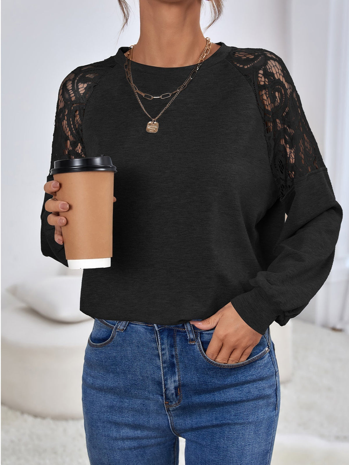 KittenAlarm - Contrast Lace Leg-of-mutton Sleeve Top