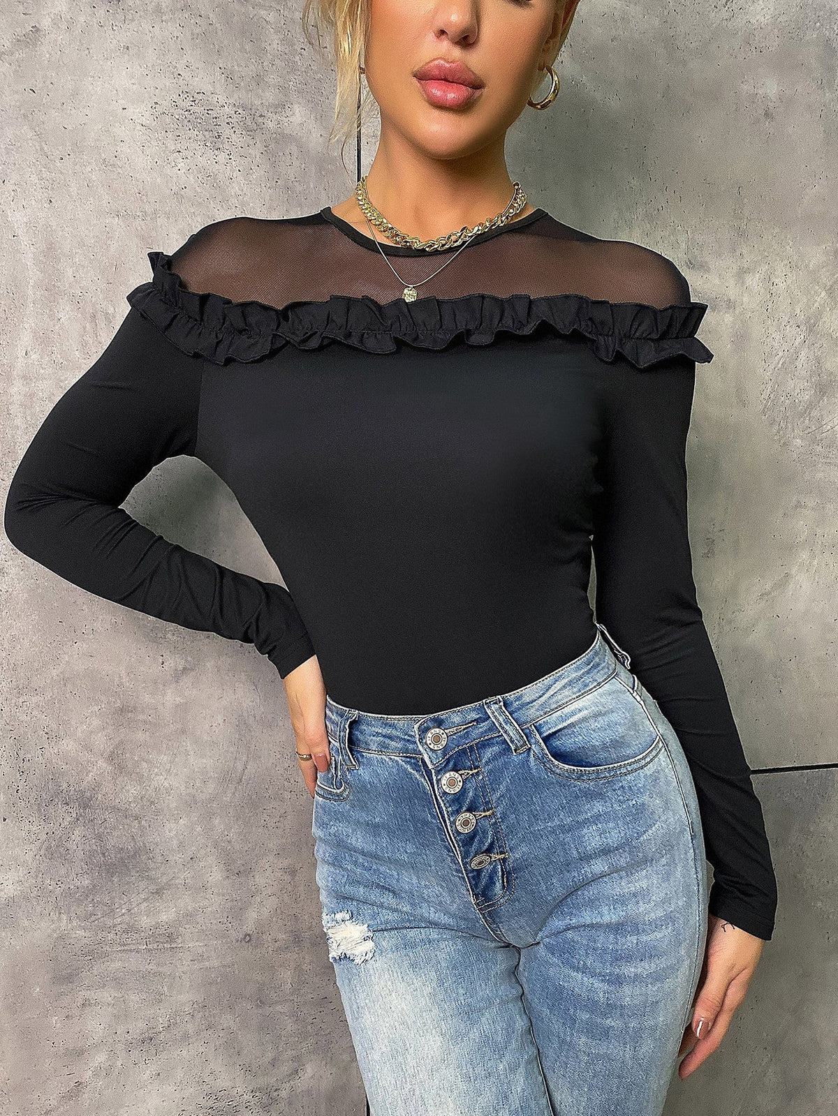 KittenAlarm - Contrast Mesh Ruffle Trim Tee
