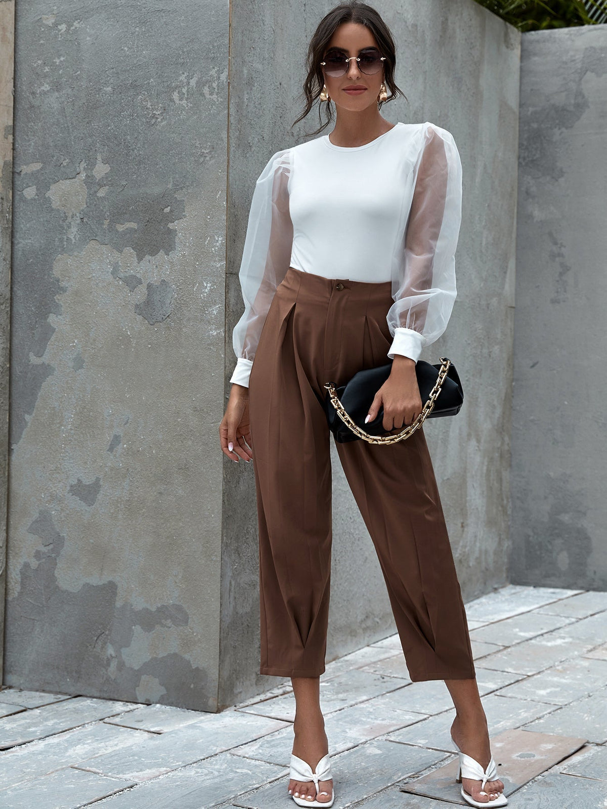 KittenAlarm - Contrast Sheer Mesh Bishop Sleeve Top