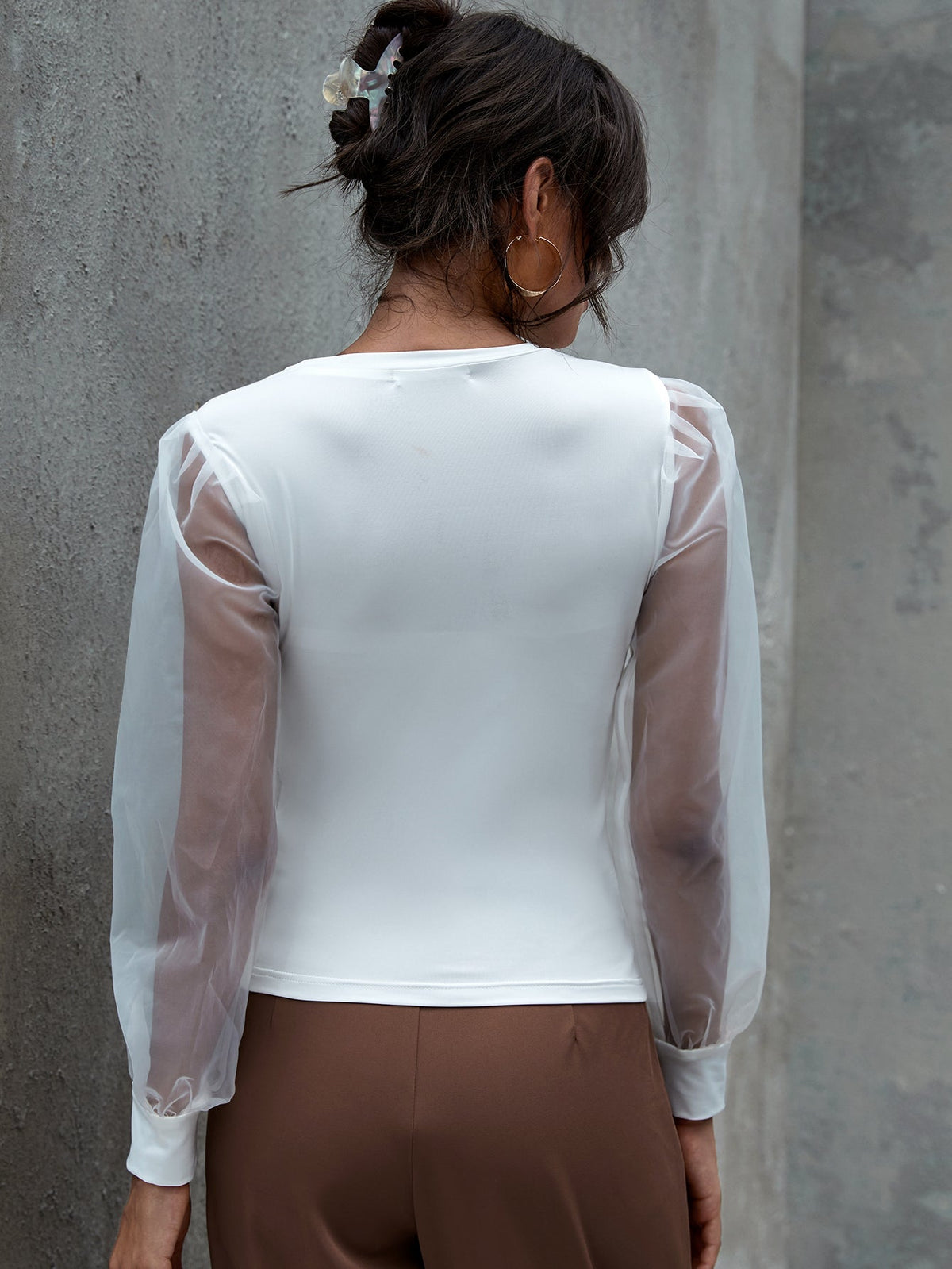 KittenAlarm - Contrast Sheer Mesh Bishop Sleeve Top