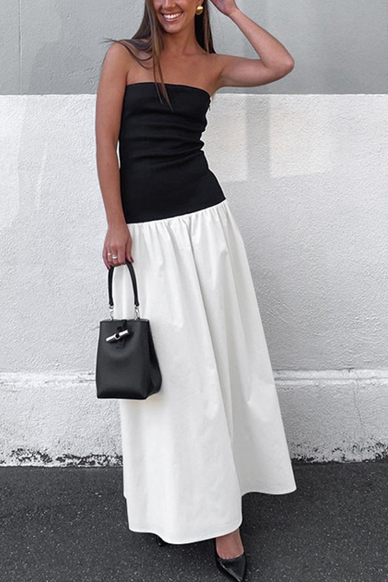 Contrast Strapless Ruched Dress - Fashionpara