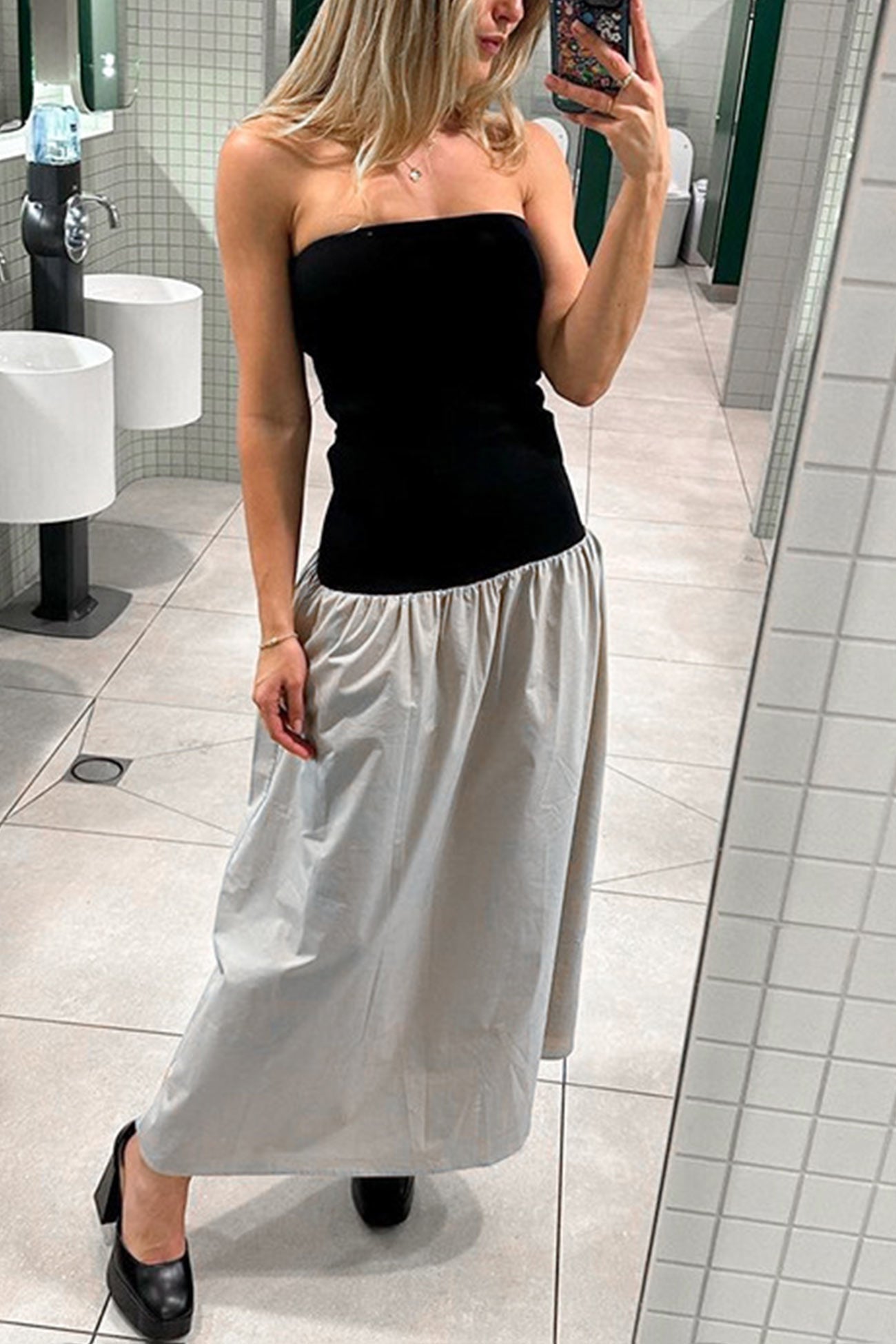 Contrast Strapless Ruched Dress - Fashionpara