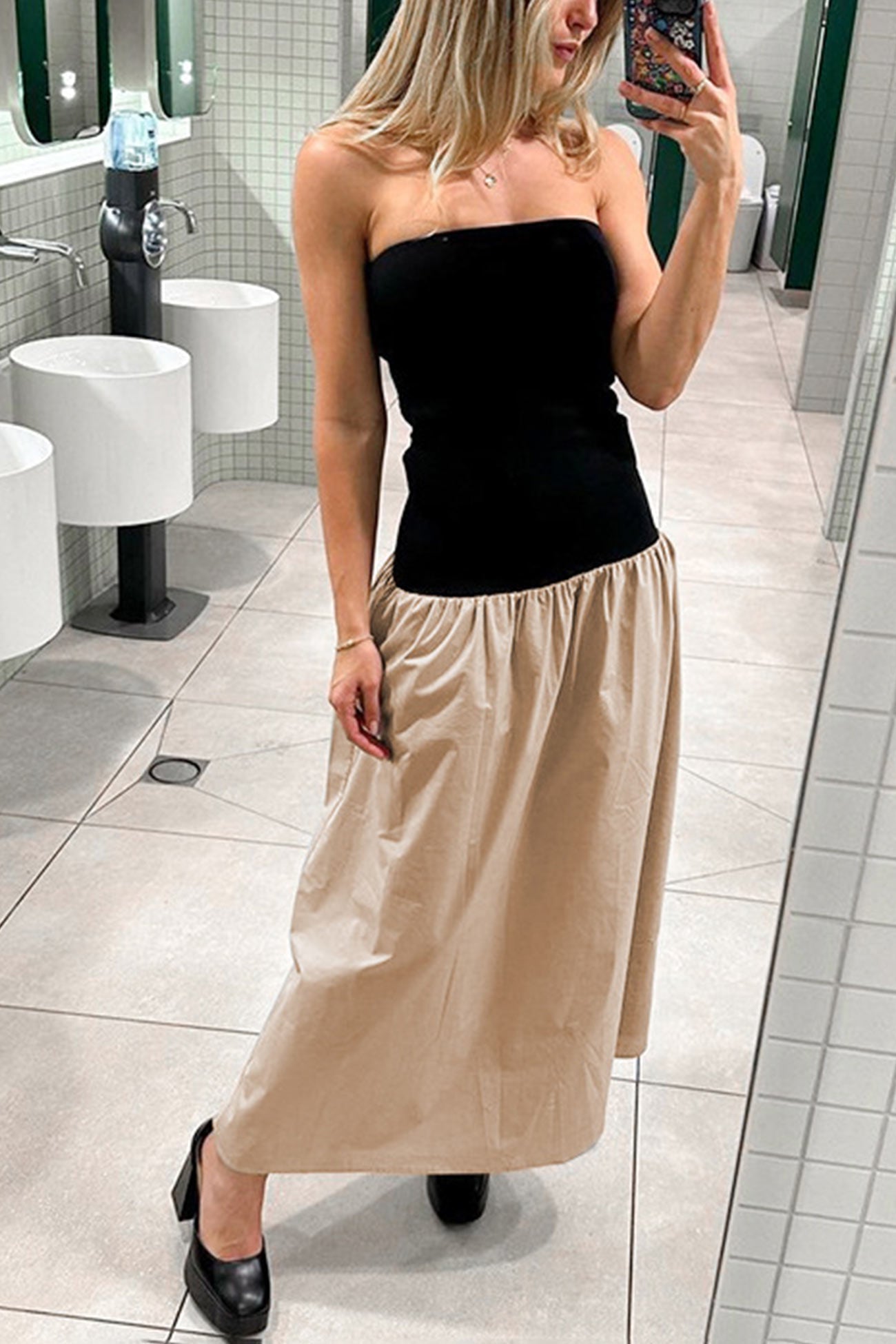 Contrast Strapless Ruched Dress - Fashionpara