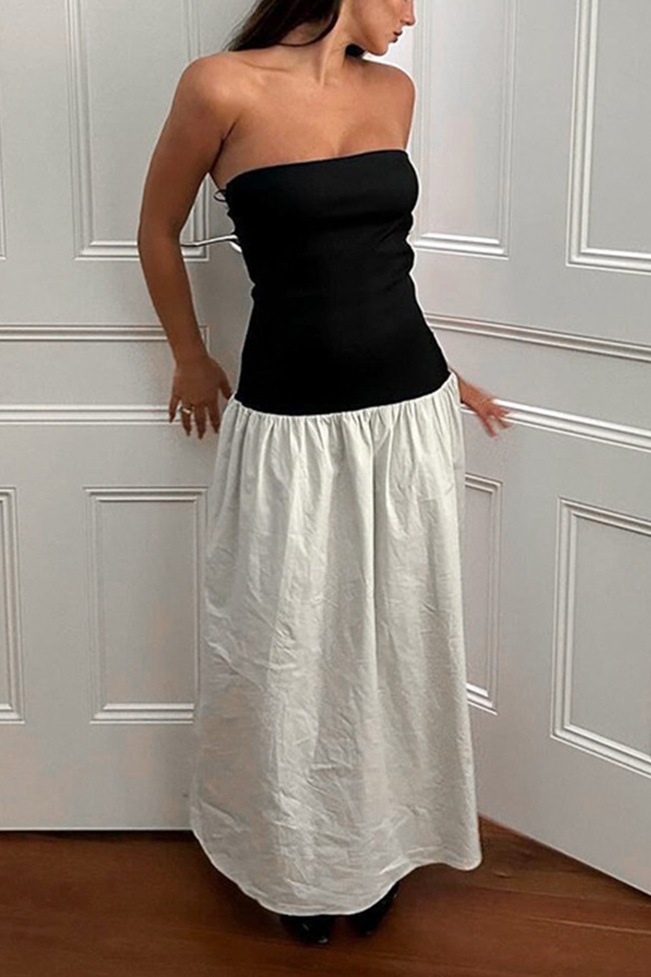 Contrast Strapless Ruched Dress - Fashionpara