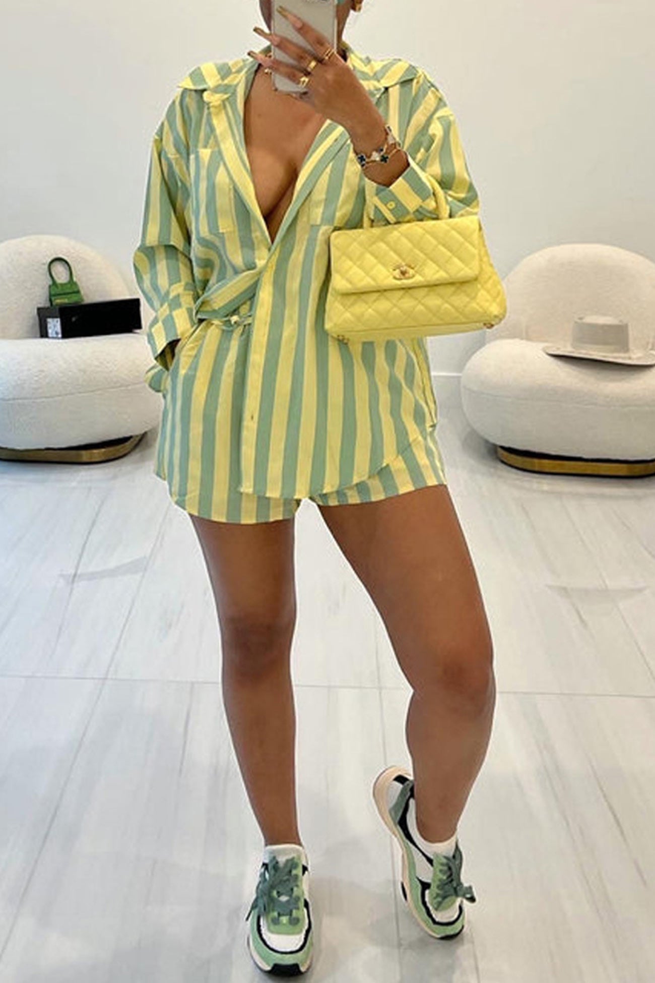 Contrast Striped Blouse Two-piece Shorts Set