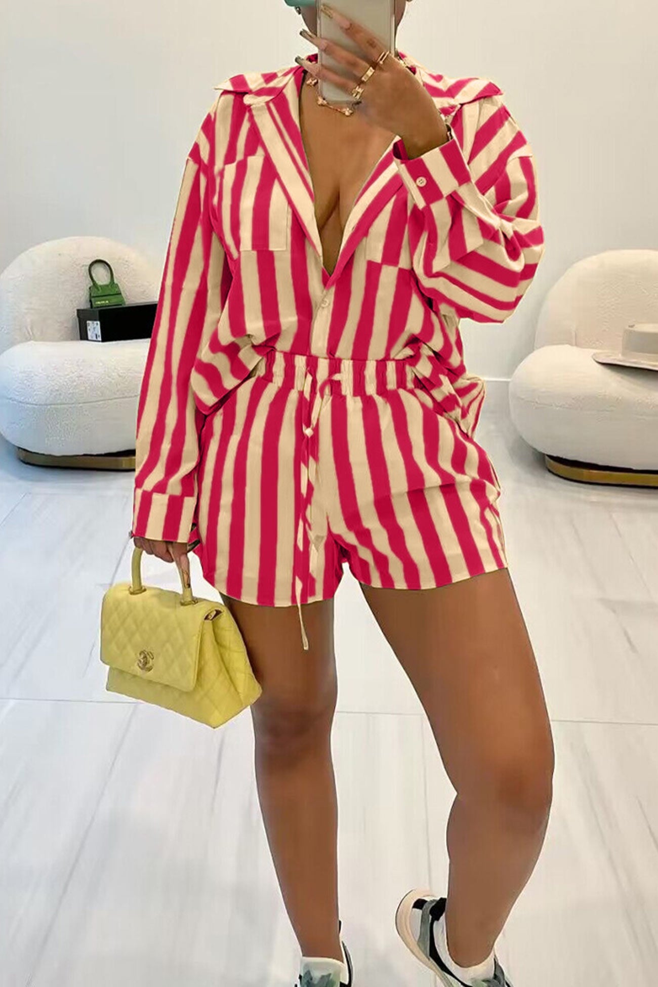 Contrast Striped Blouse Two-piece Shorts Set