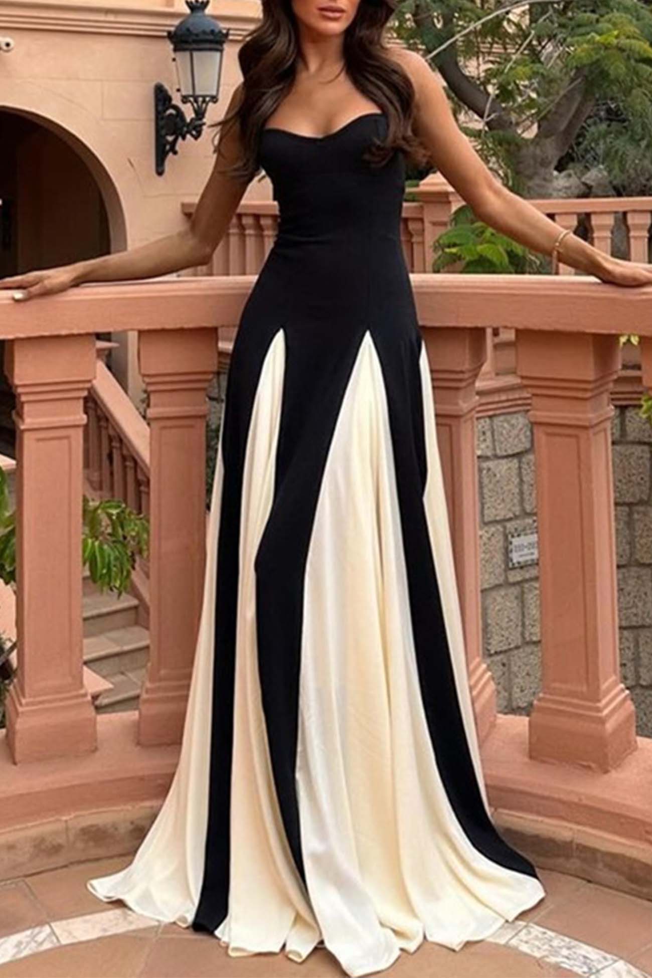 Contrast Color Pleated Spaghetti Strap Maxi Dress