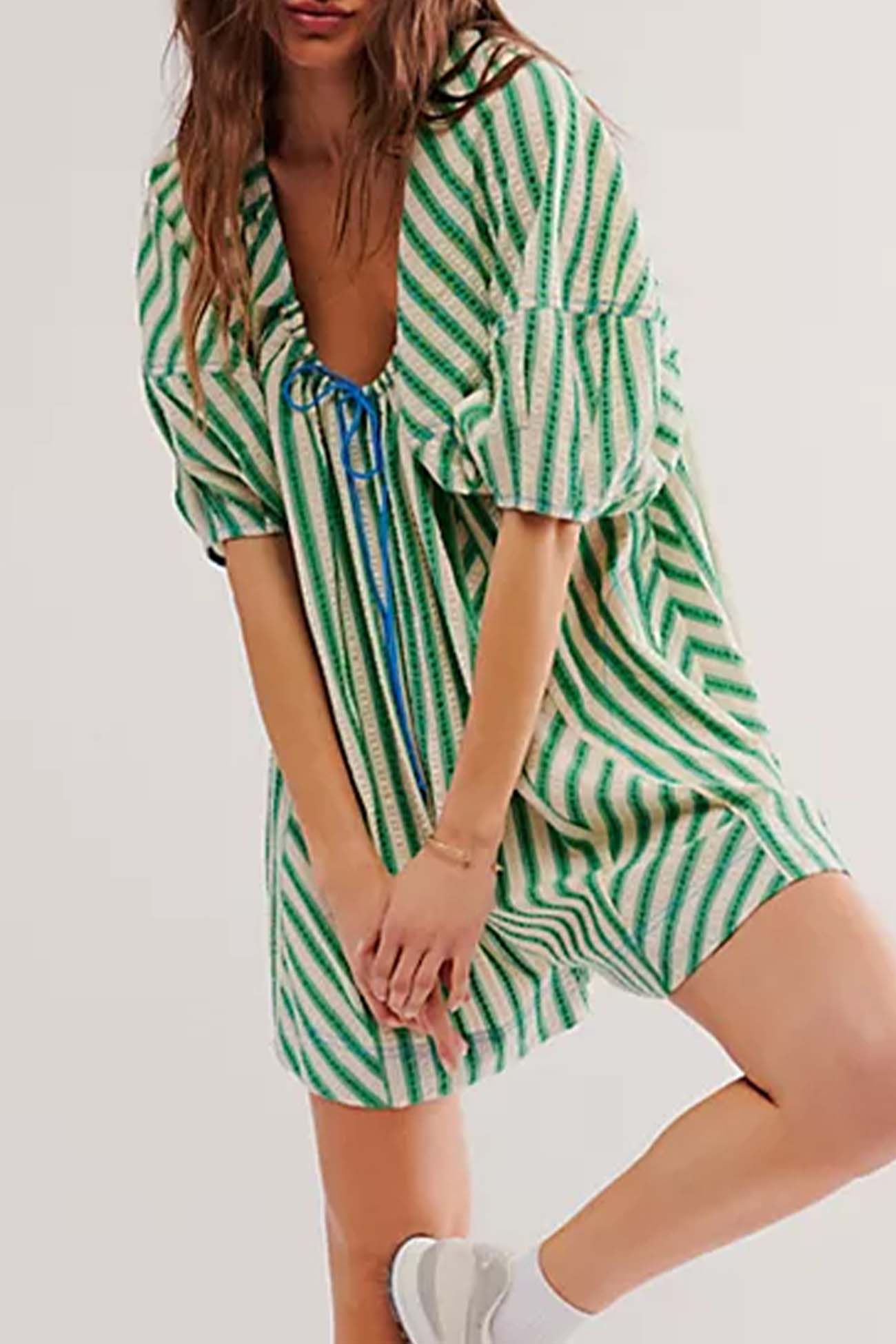 Contrast Stripe Drawstring Rompers - Fashionpara