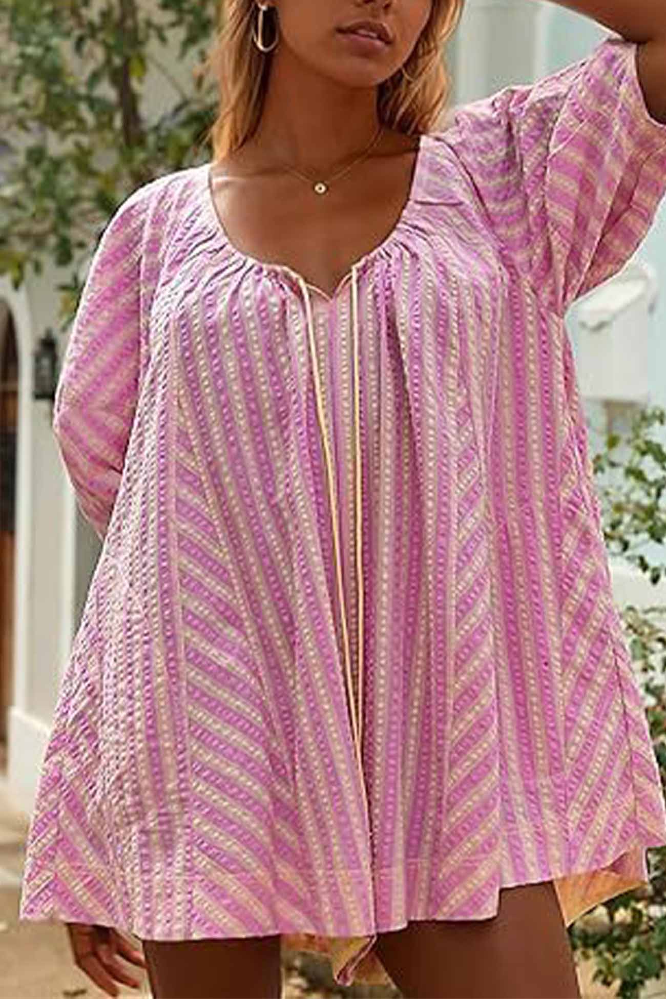 Contrast Stripe Drawstring Rompers - Fashionpara