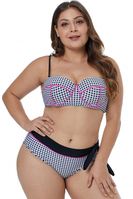 Contrast Piping Tartan Printed Pattern Plus Size Bikini Set