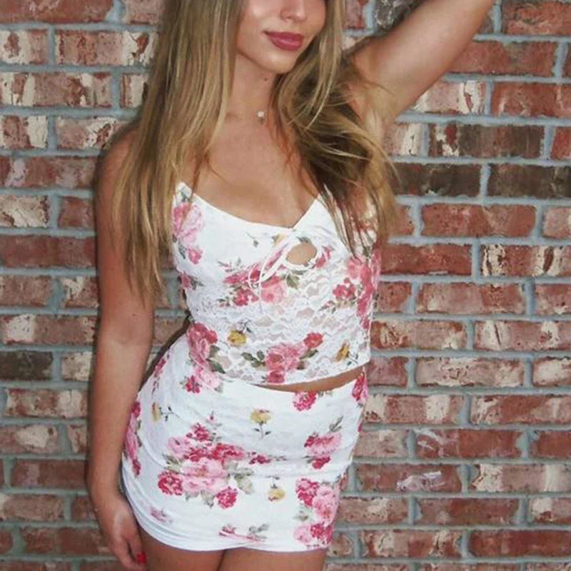 Floral Lace V Neck Spaghetti Strap Crop Top Mini Pencil Skirt Two Pieces Set