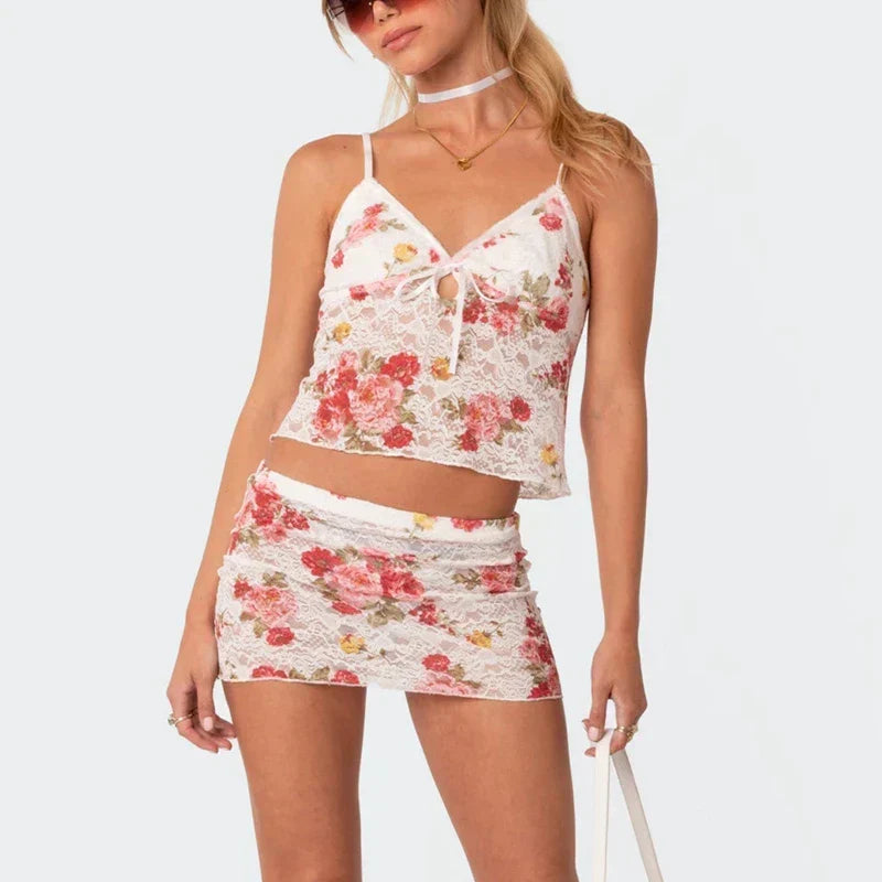 Floral Lace V Neck Spaghetti Strap Crop Top Mini Pencil Skirt Two Pieces Set Pink / S twopiecesset-250126