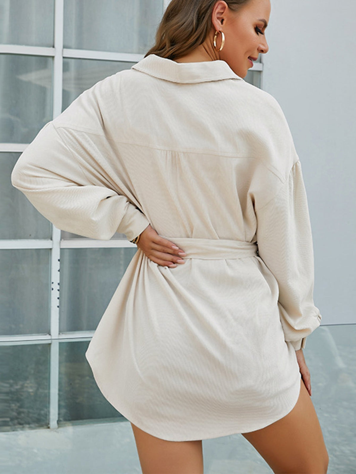 KittenAlarm - Cord Front Pockets Self Waist Tie Shirt Dress
