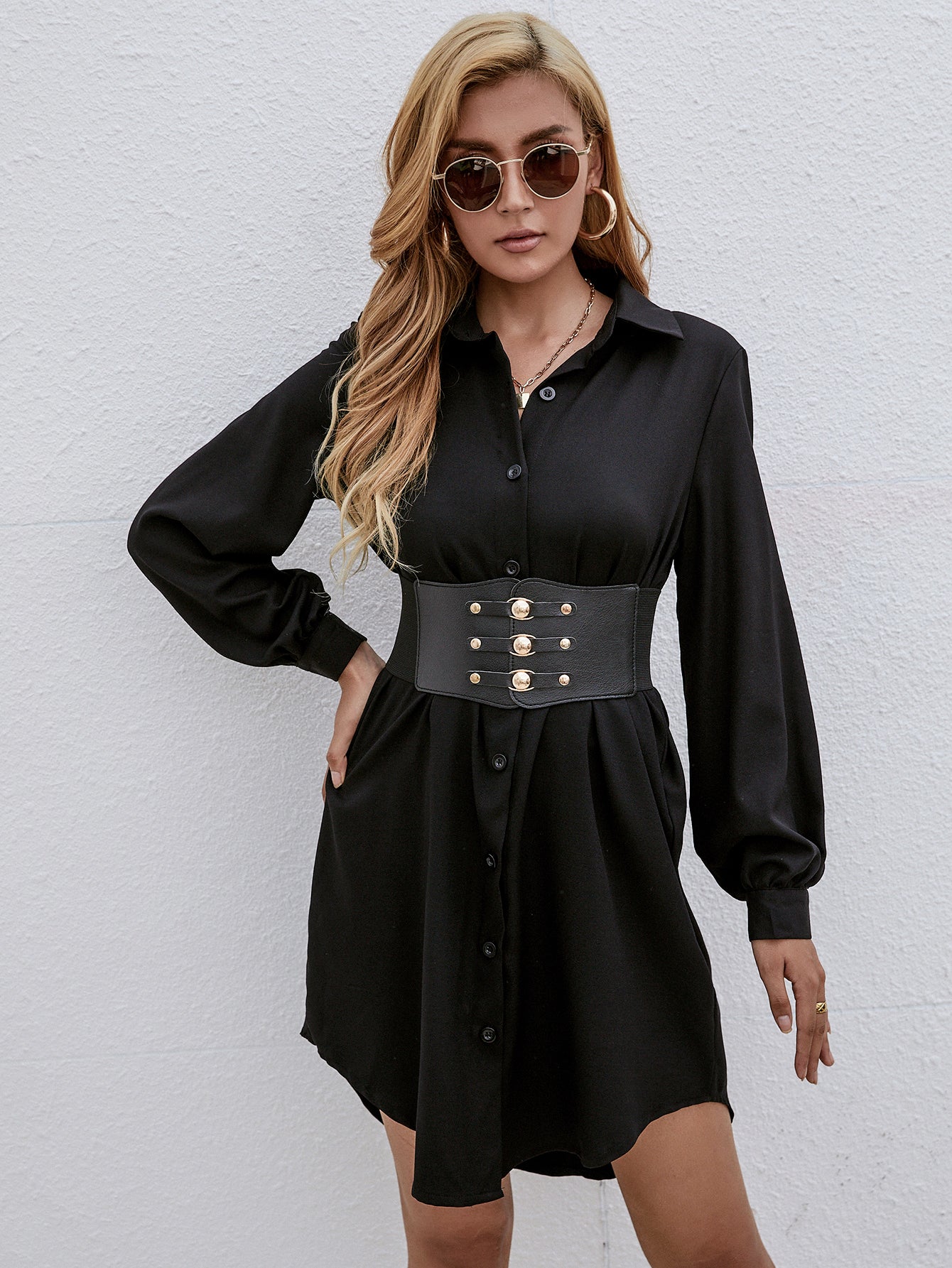 Corset Elastic Belt Shirt Dress - Fashionpara