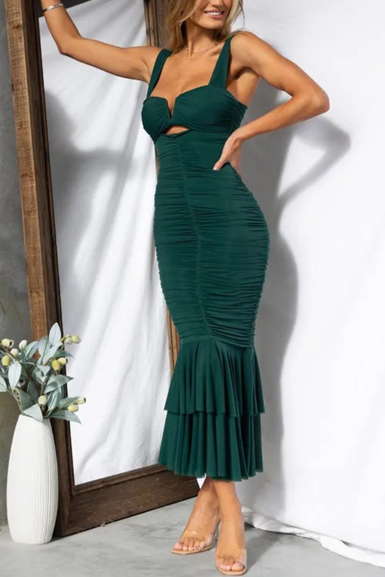 Corset Shirred Pack Hip Fishtail Dress - Fashionpara