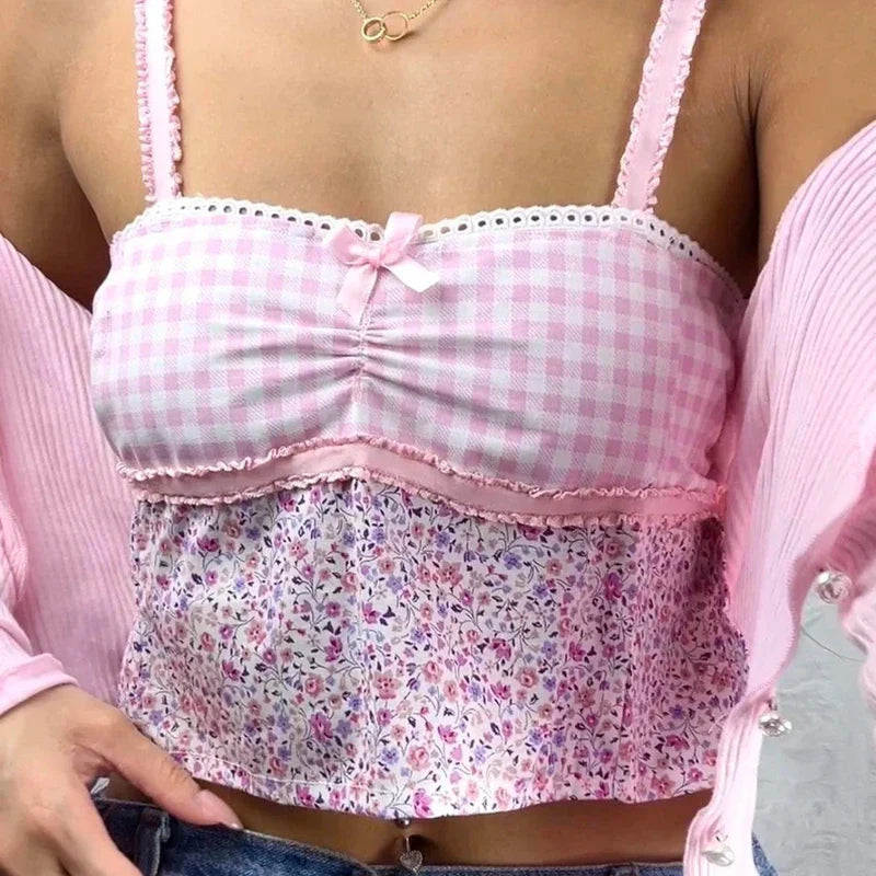 Cottage Floral Plaid Patchwork Y2K Lace Trim Backless Tie Up Retro Vest Crop Top