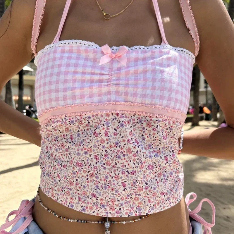 Cottage Floral Plaid Patchwork Y2K Lace Trim Backless Tie Up Retro Vest Crop Top