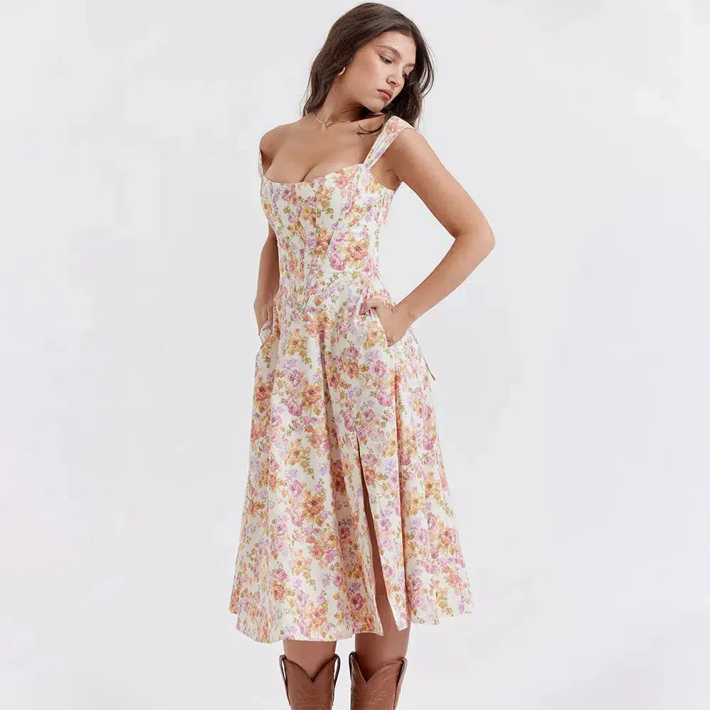 Cottagecore Floral Corset Midi Dress - Fashionpara
