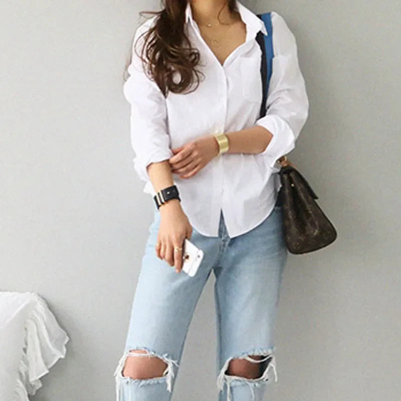 Cotton White Long Sleeve Casual Ladies Blouse
