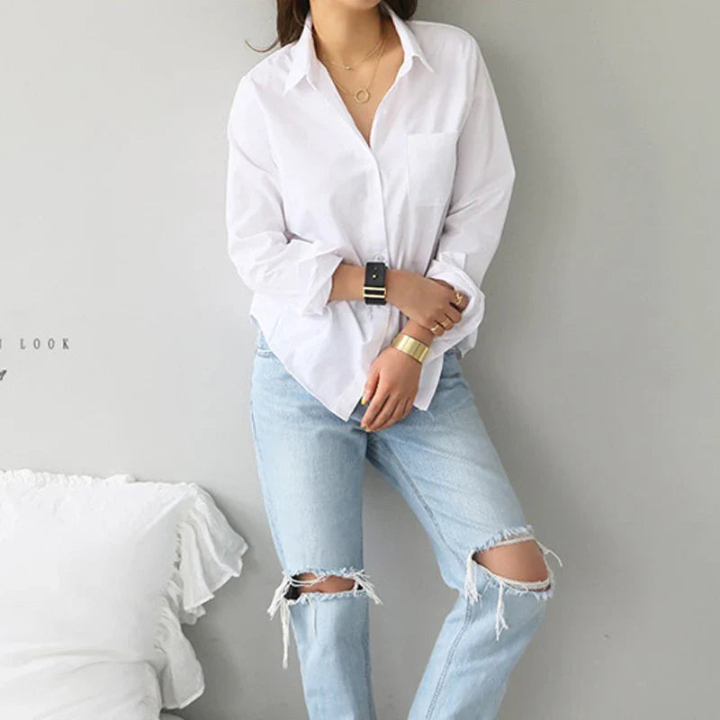 Cotton White Long Sleeve Casual Ladies Blouse