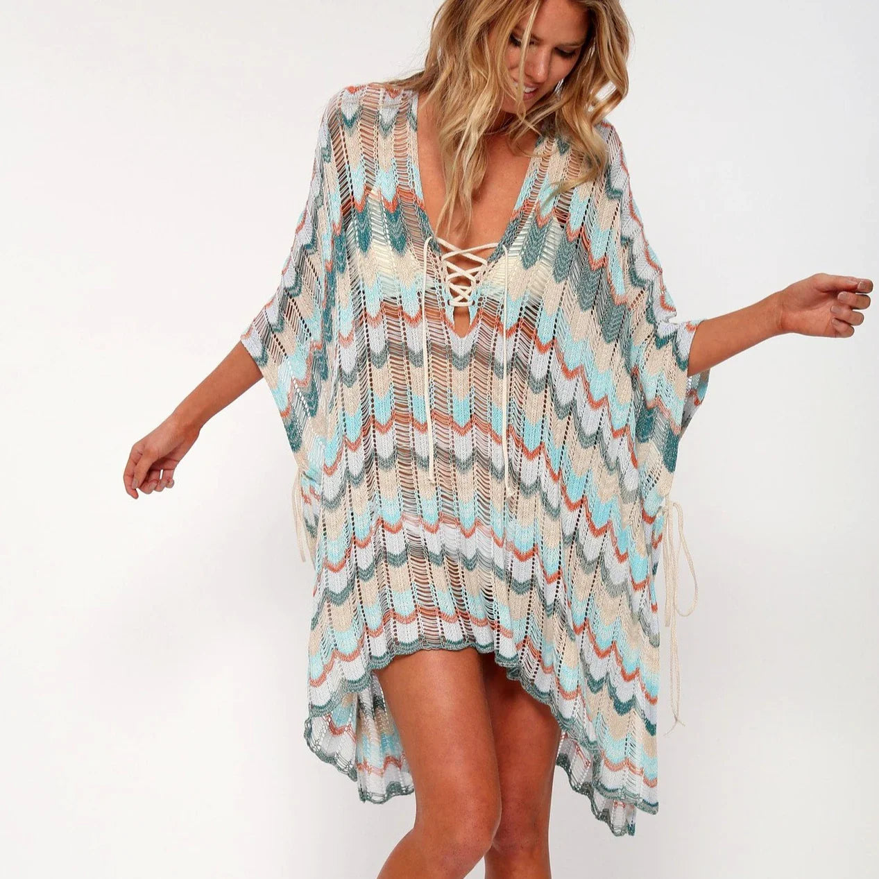 Cotton Crochet Tunic V-neck Boho Beach Cover up - Fashionpara