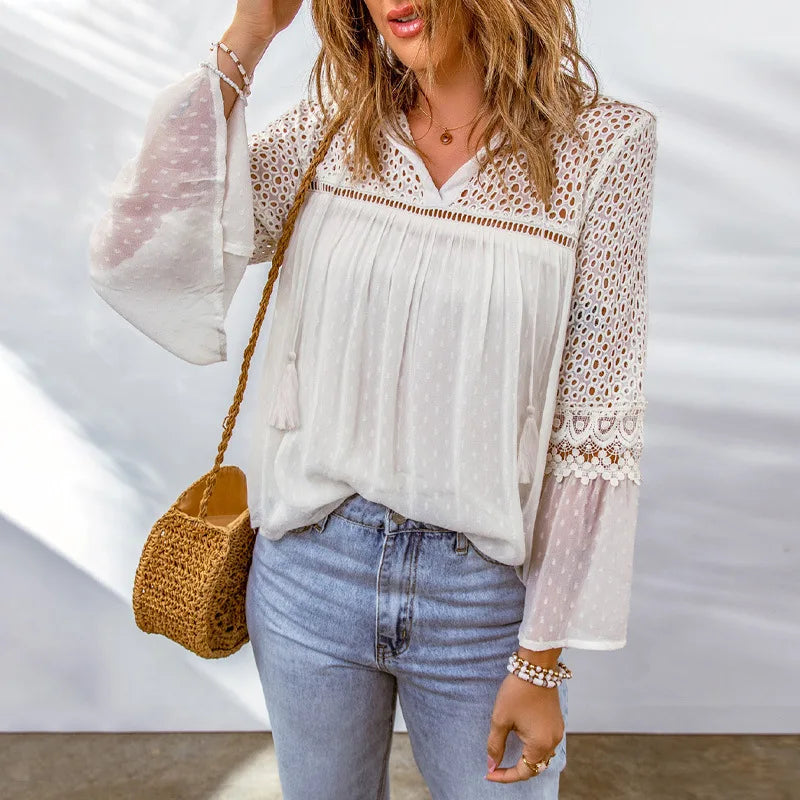 Cotton Embroidery Tassel Splicing Chiffon Boho Blouse