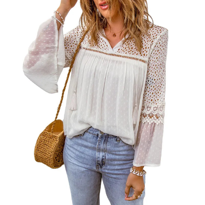 Cotton Embroidery Tassel Splicing Chiffon Boho Blouse