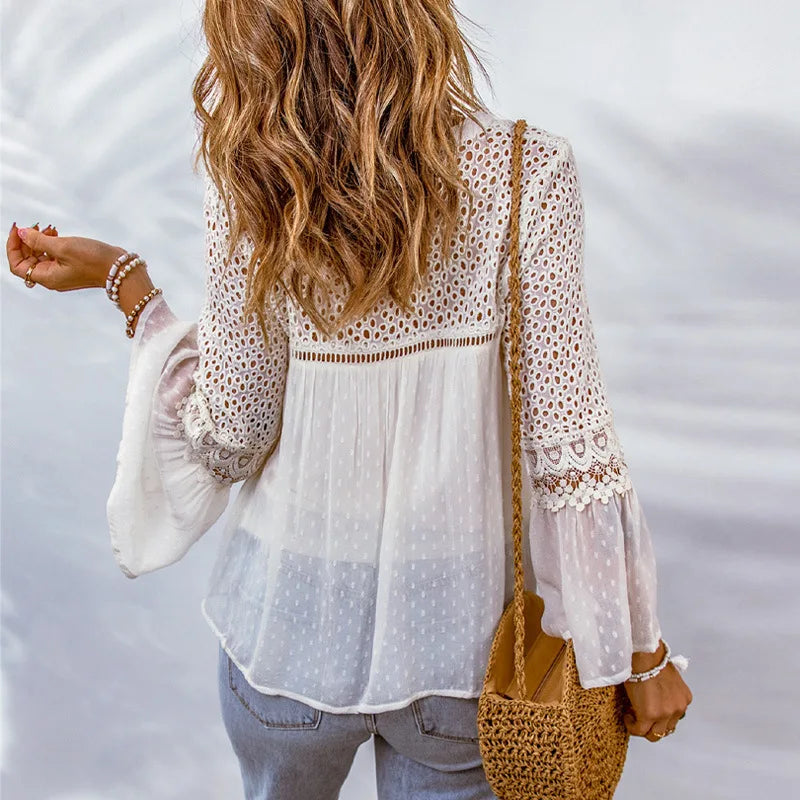 Cotton Embroidery Tassel Splicing Chiffon Boho Blouse