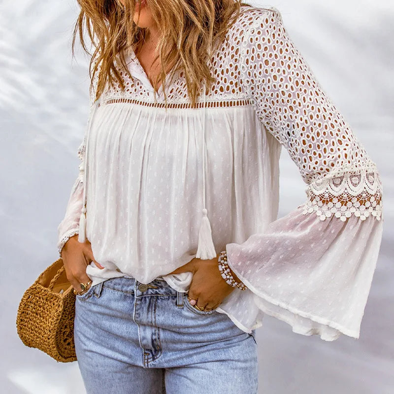 Cotton Embroidery Tassel Splicing Chiffon Boho Blouse