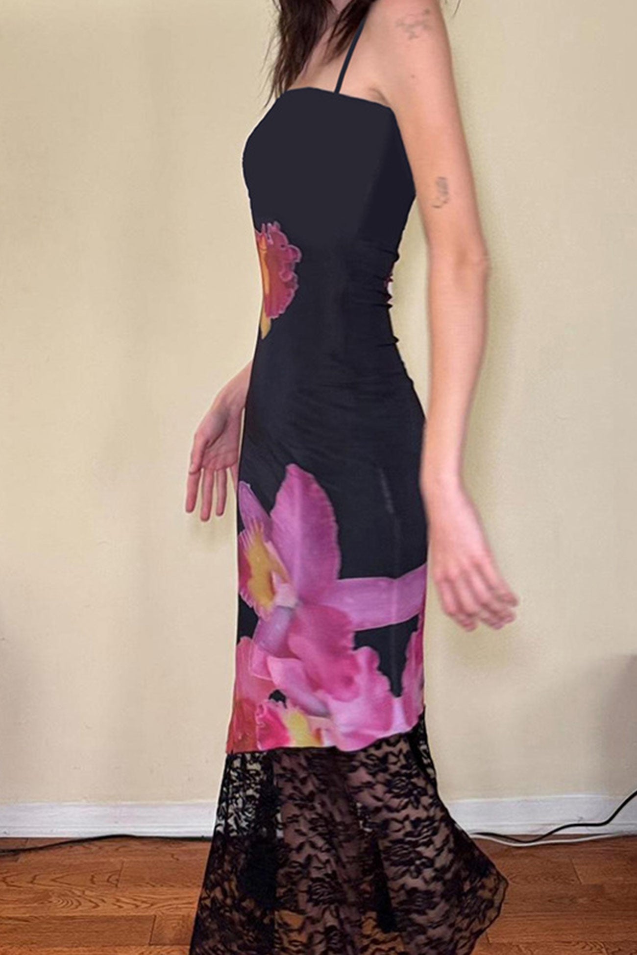 Cotton Floral Print Lace Hem Fishtail Dress