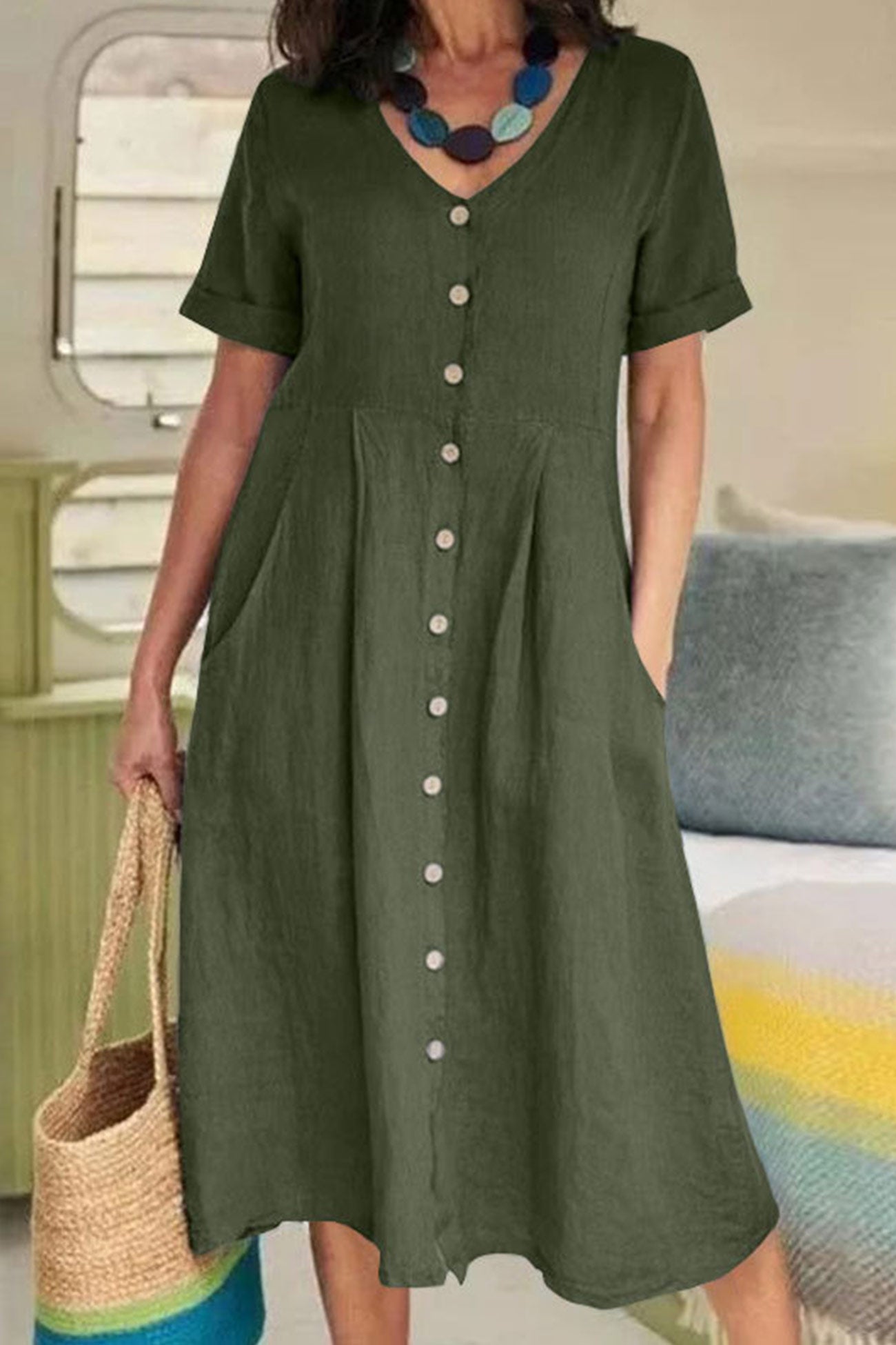 Cotton Linen Button-down Midi Dress