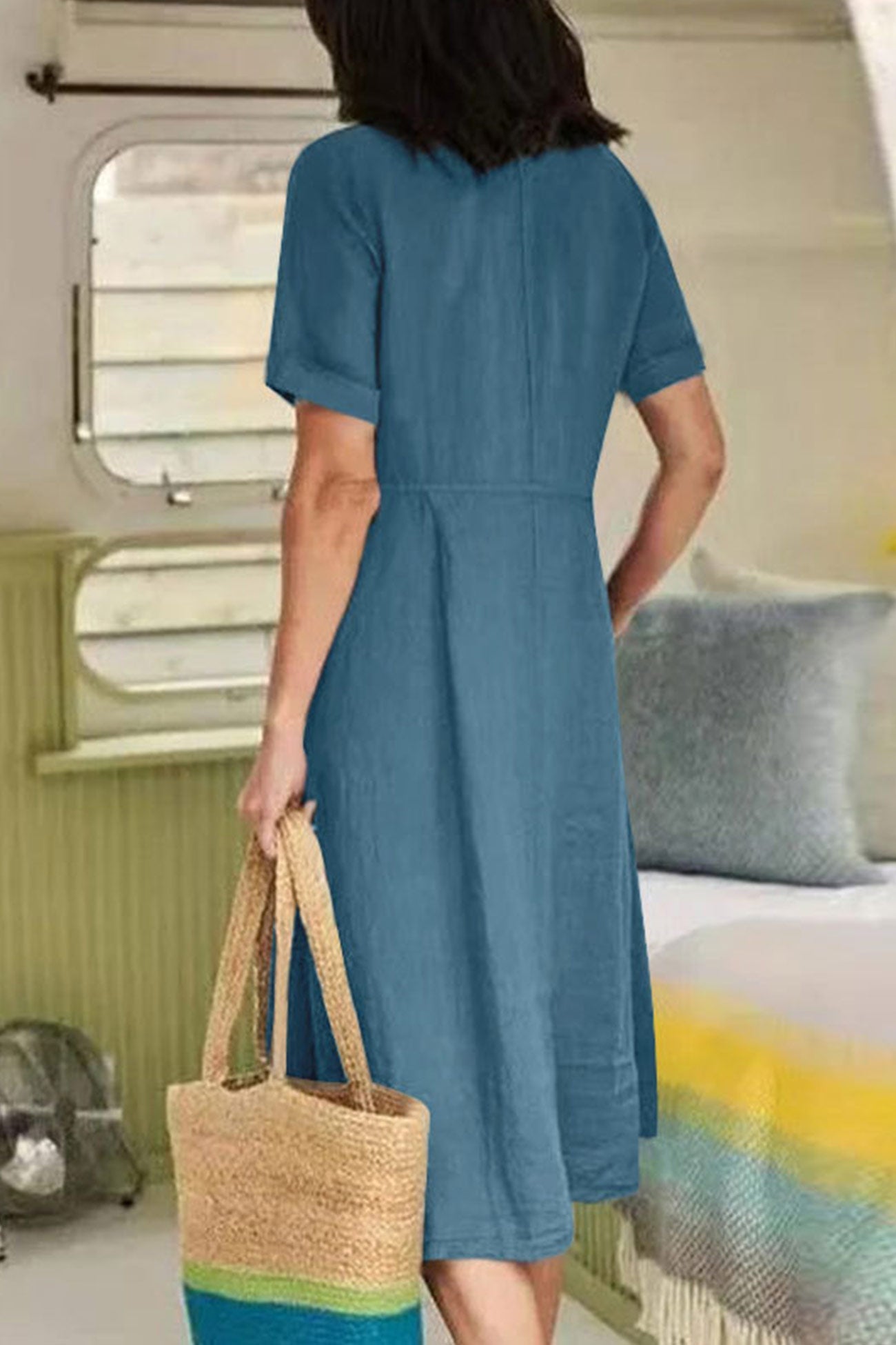Cotton Linen Button-down Midi Dress
