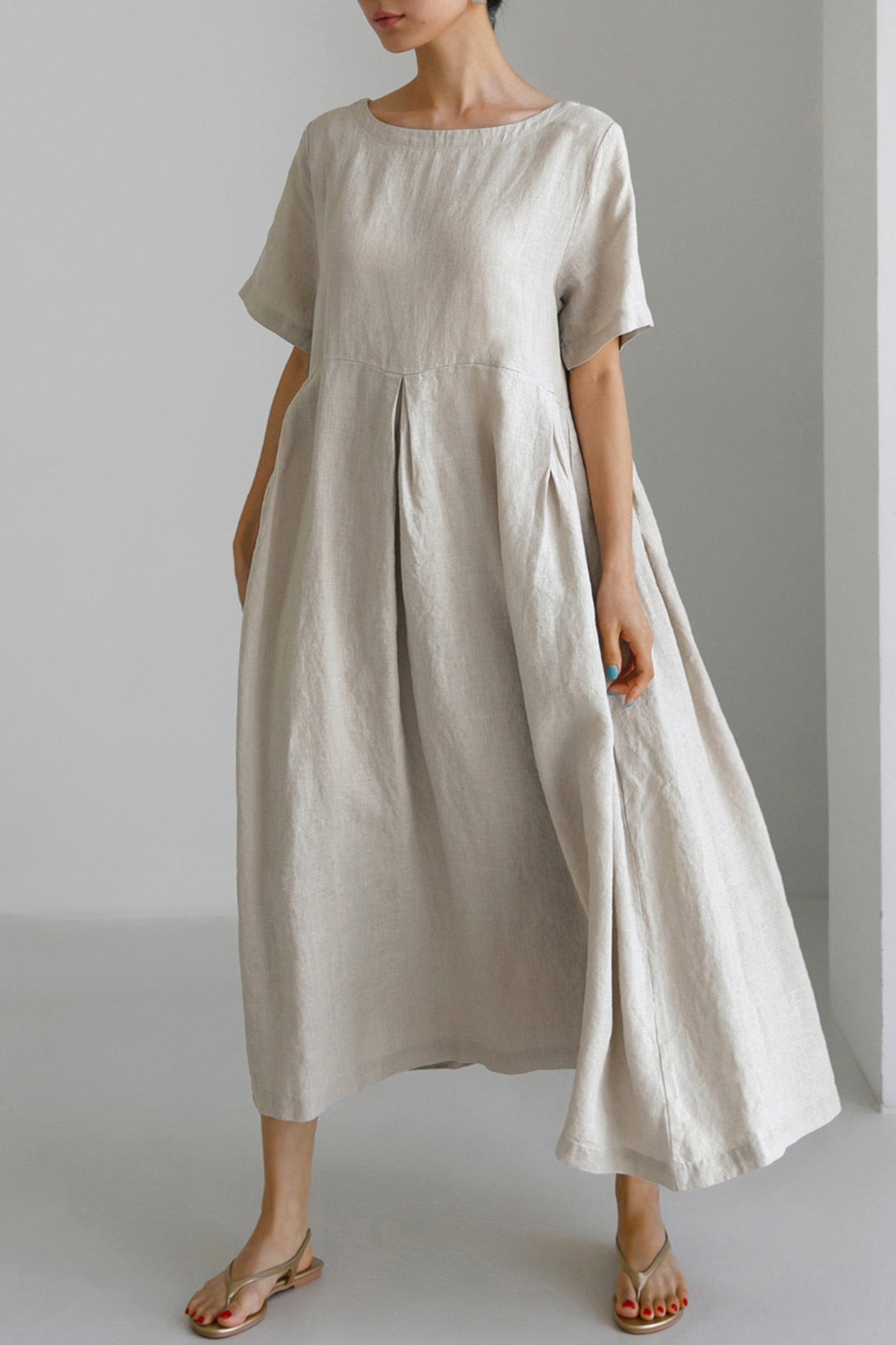 Cotton Linen Crew Neck Loose Midi Dress
