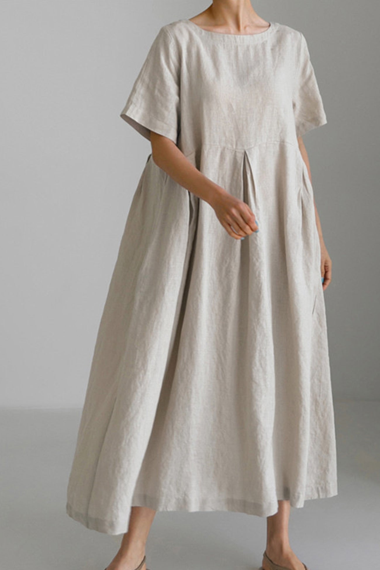 Cotton Linen Crew Neck Loose Midi Dress