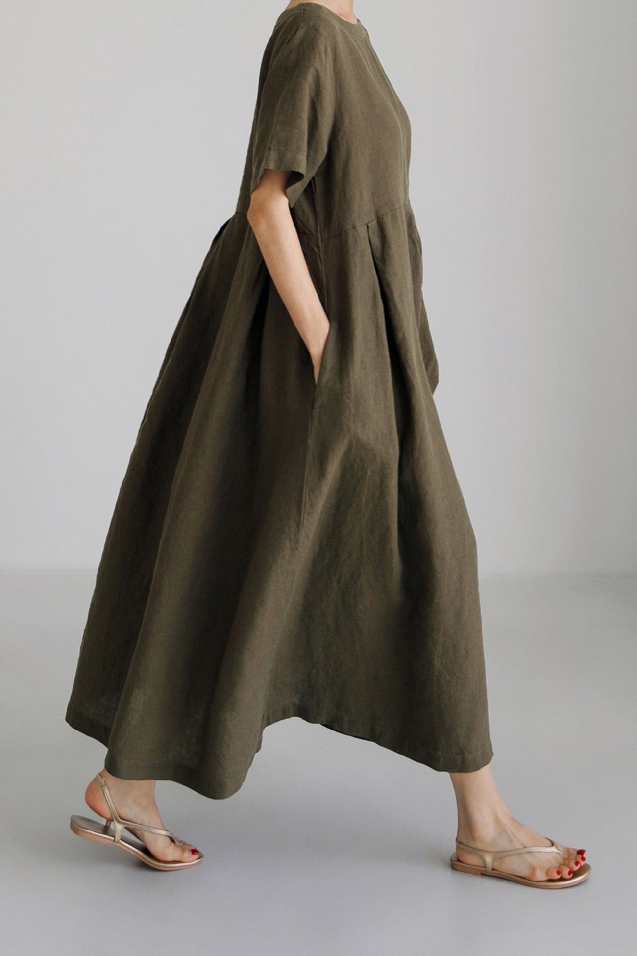Cotton Linen Crew Neck Loose Midi Dress