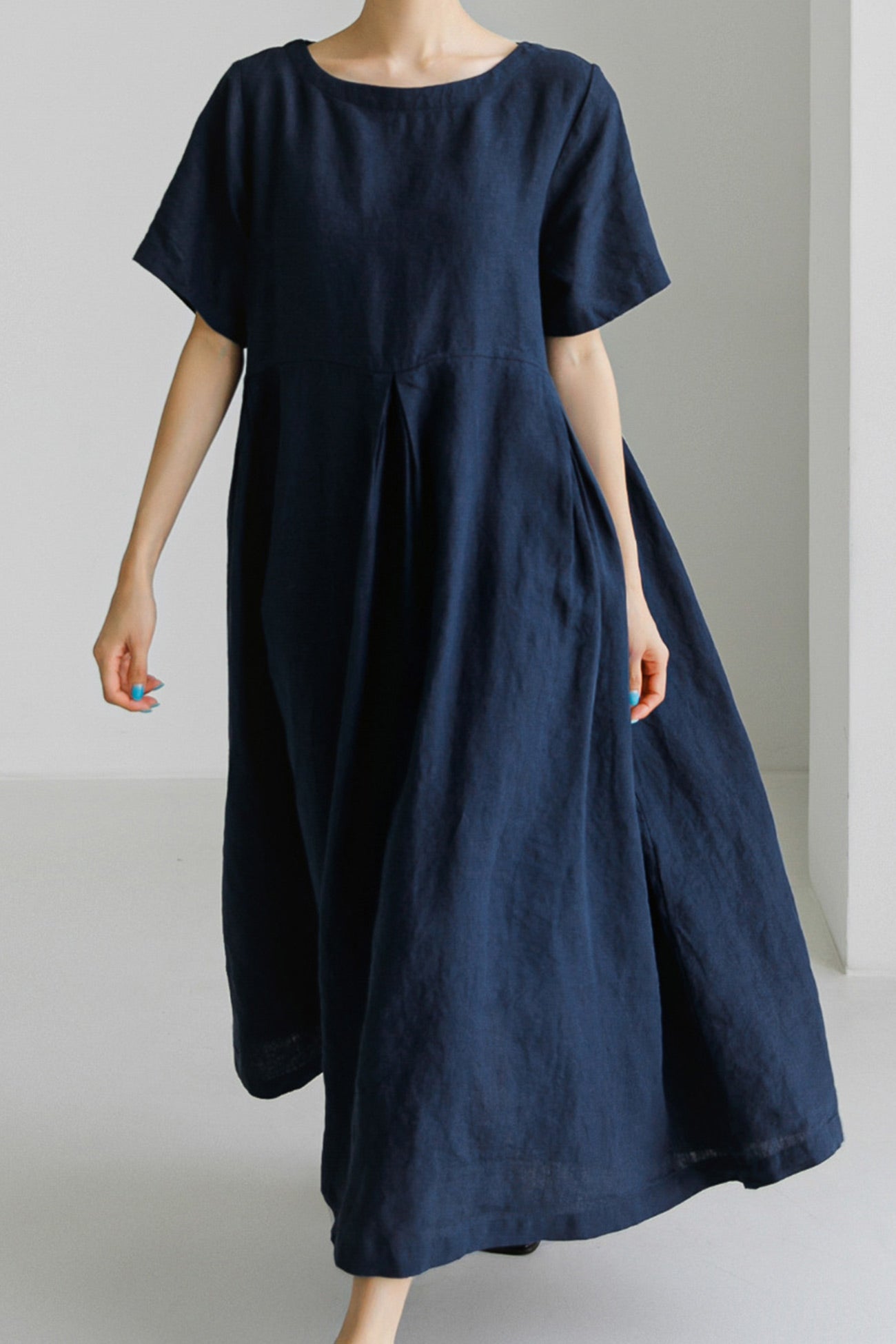 Cotton Linen Crew Neck Loose Midi Dress