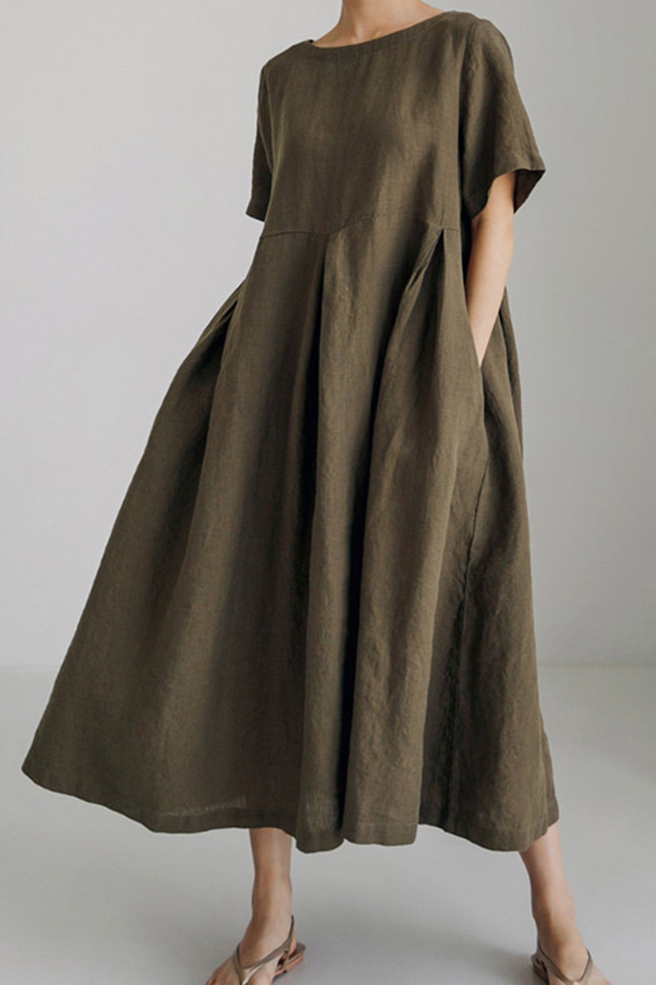 Cotton Linen Crew Neck Loose Midi Dress