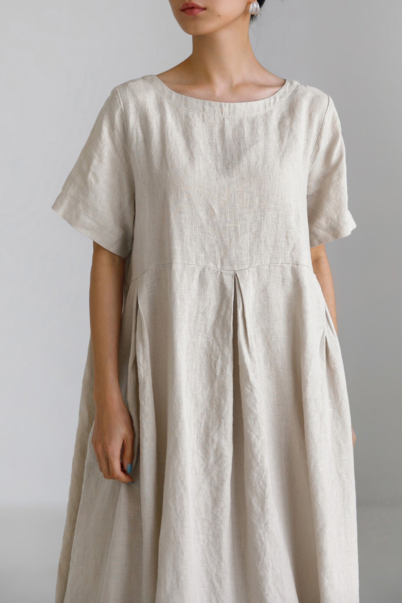 Cotton Linen Crew Neck Loose Midi Dress