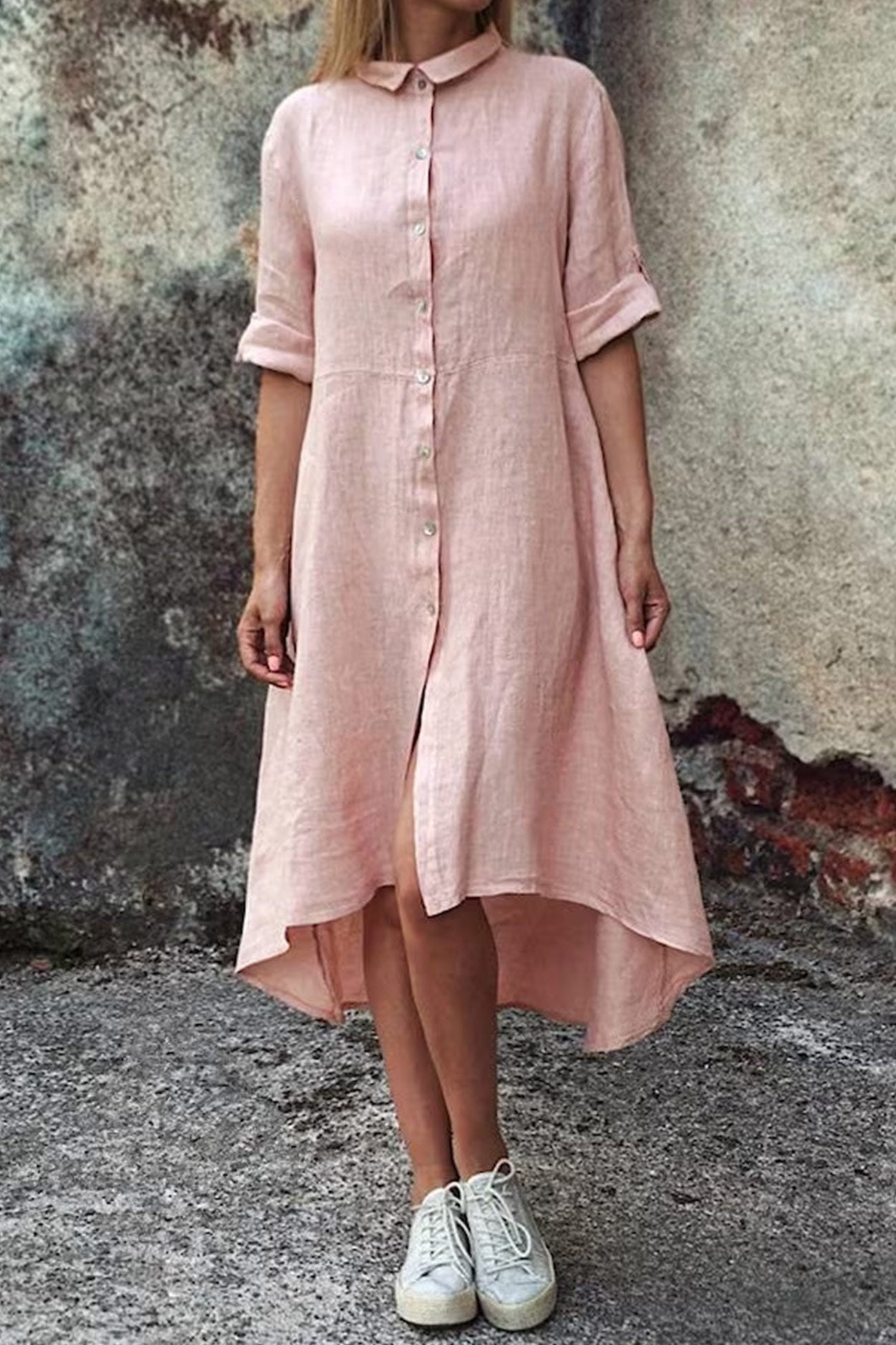 Cotton Linen Irregular Shirt Dress - Fashionpara