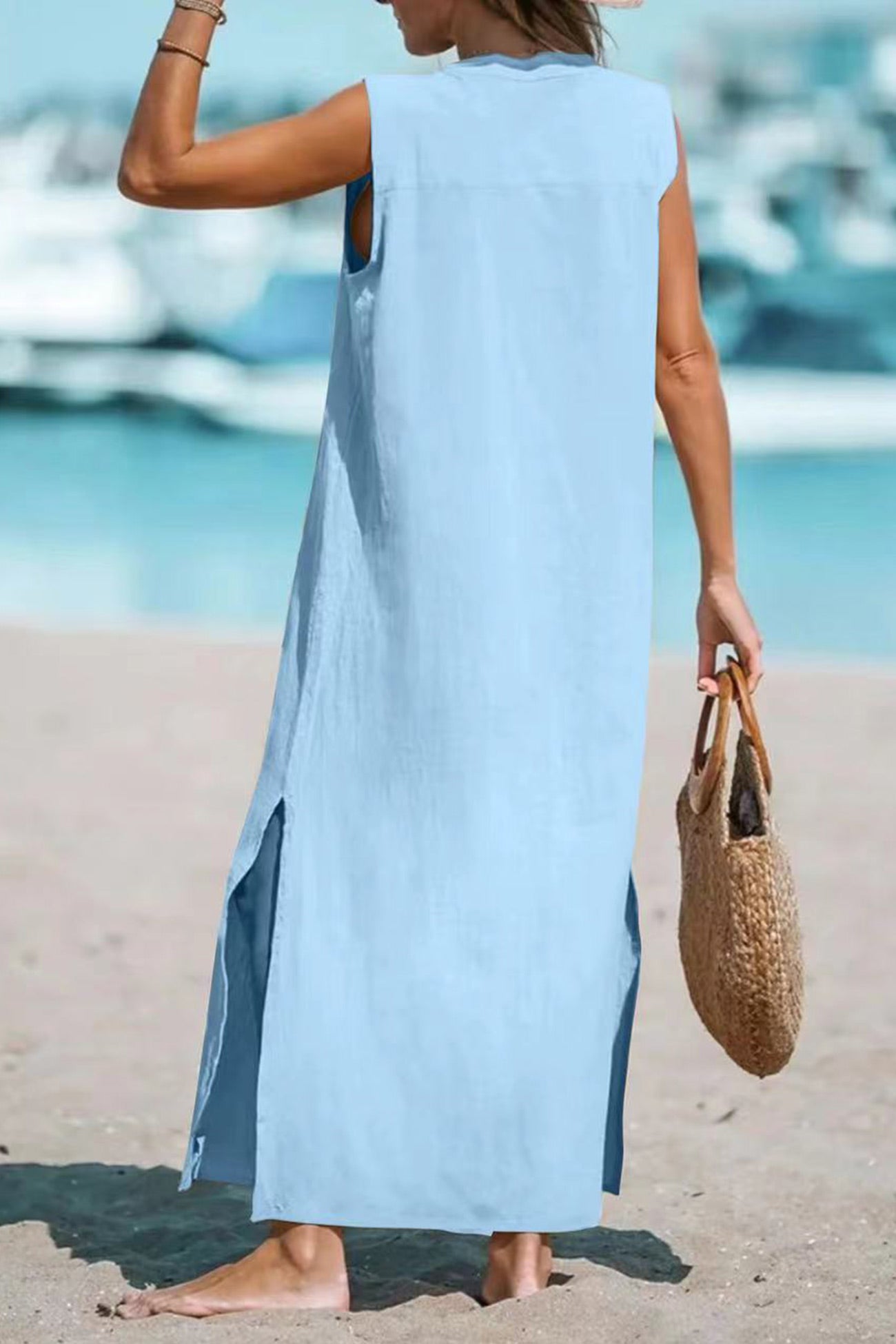 Cotton Linen Single-breasted Slit Tank Dress