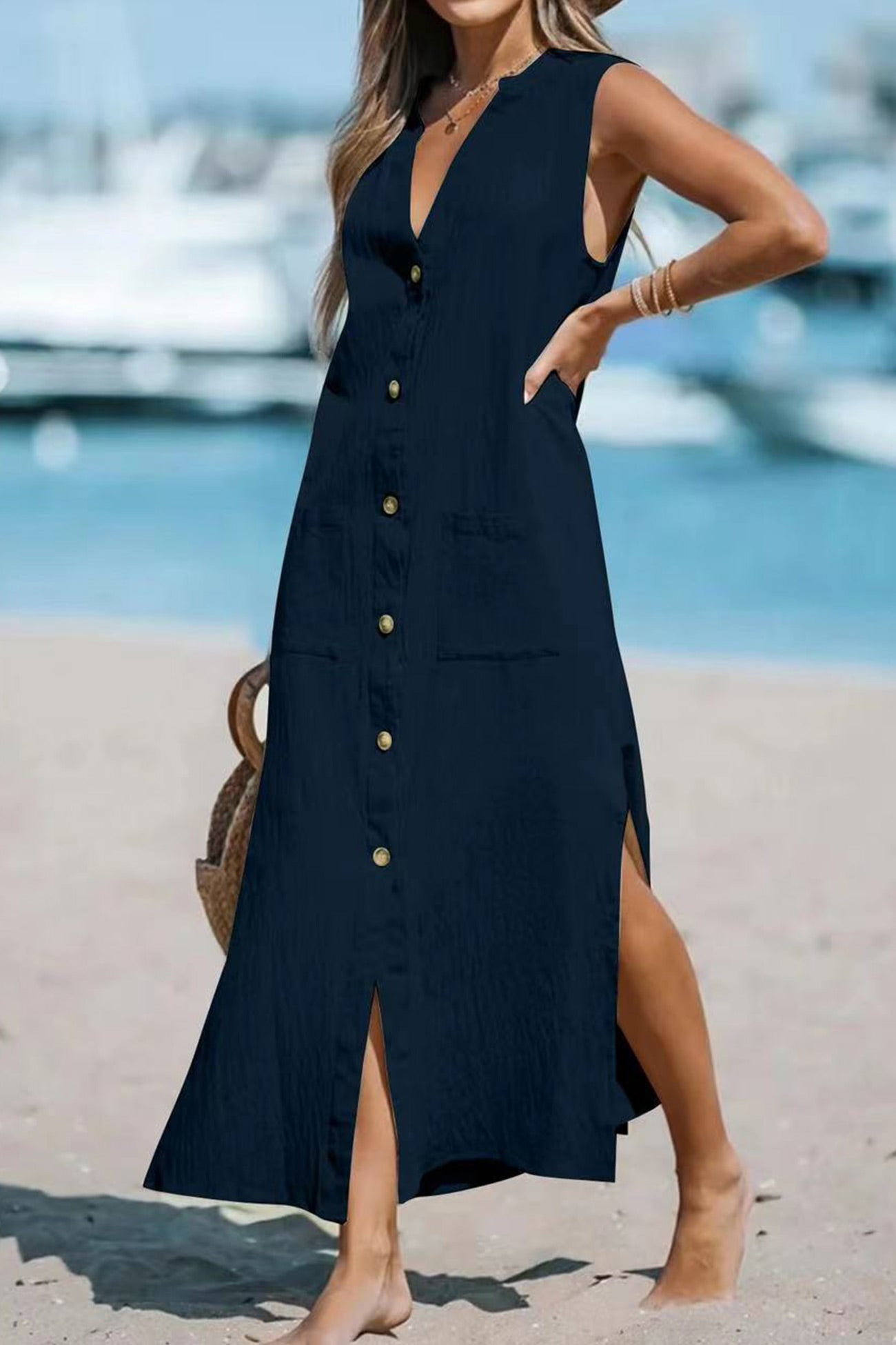 Cotton Linen Single-breasted Slit Tank Dress