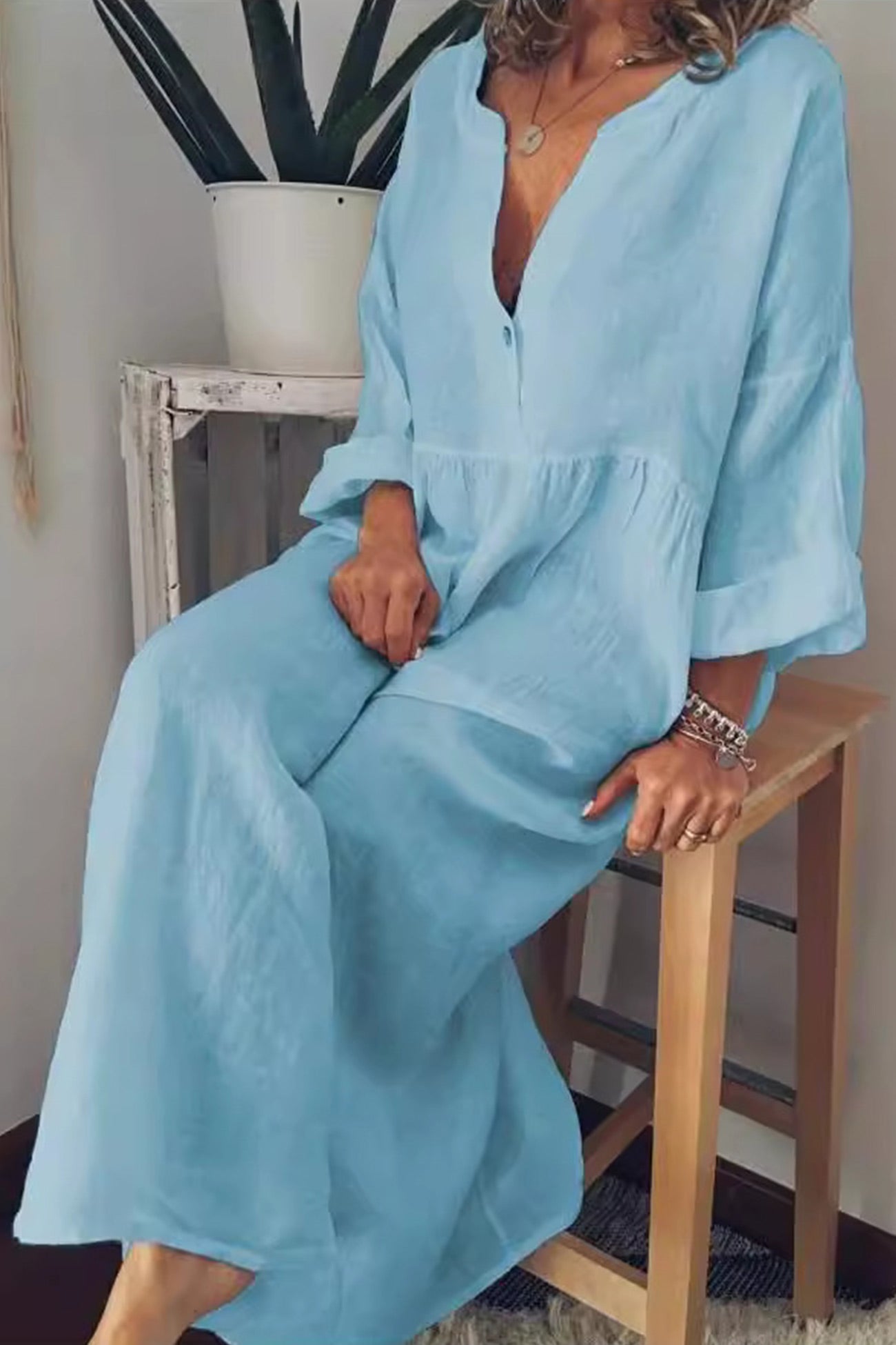 Cotton Linen V Neck Large Hem Dress - Fashionpara